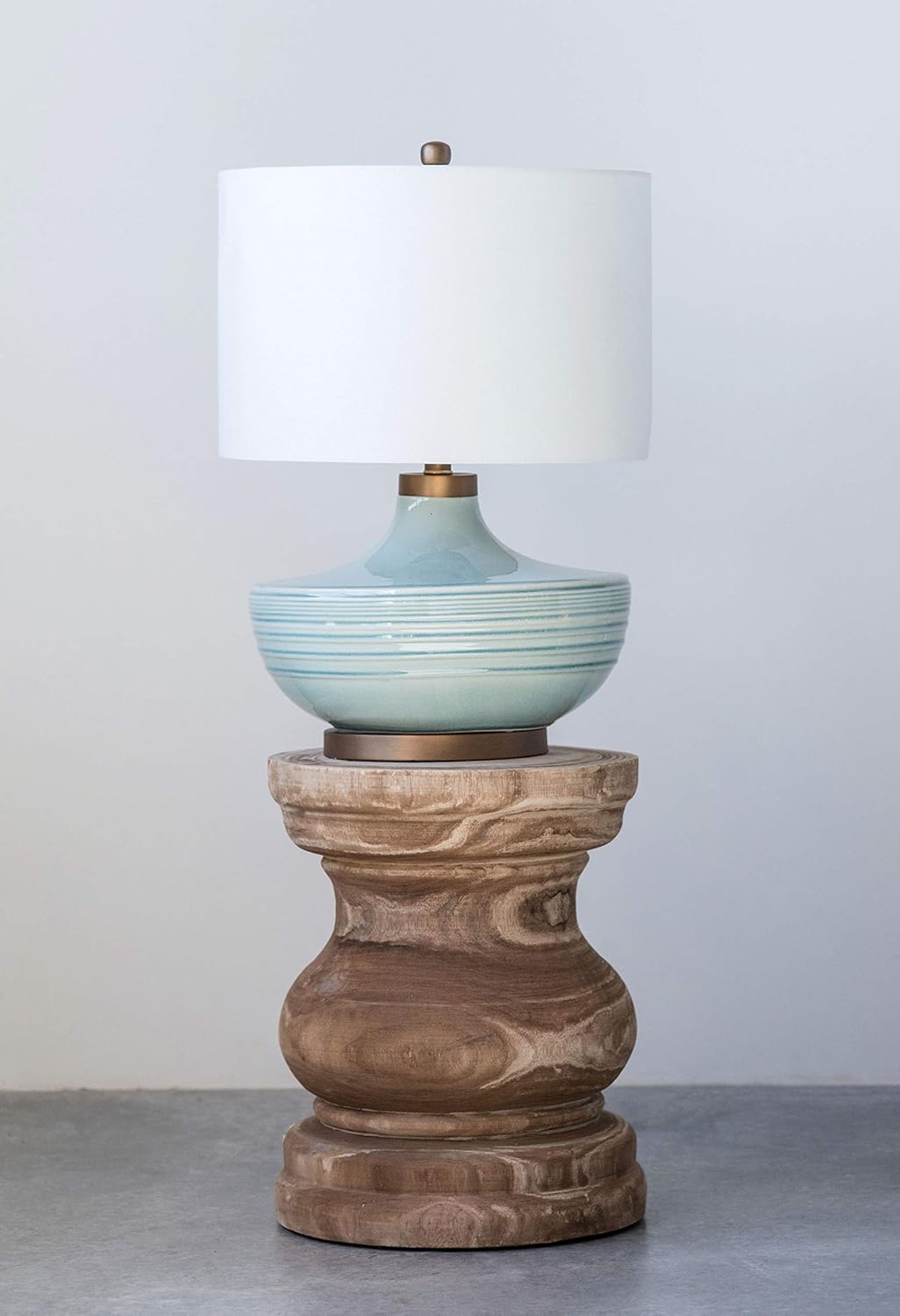 Creative Co-Op Striped Aqua Ceramic Table Lamp with White Linen Shade