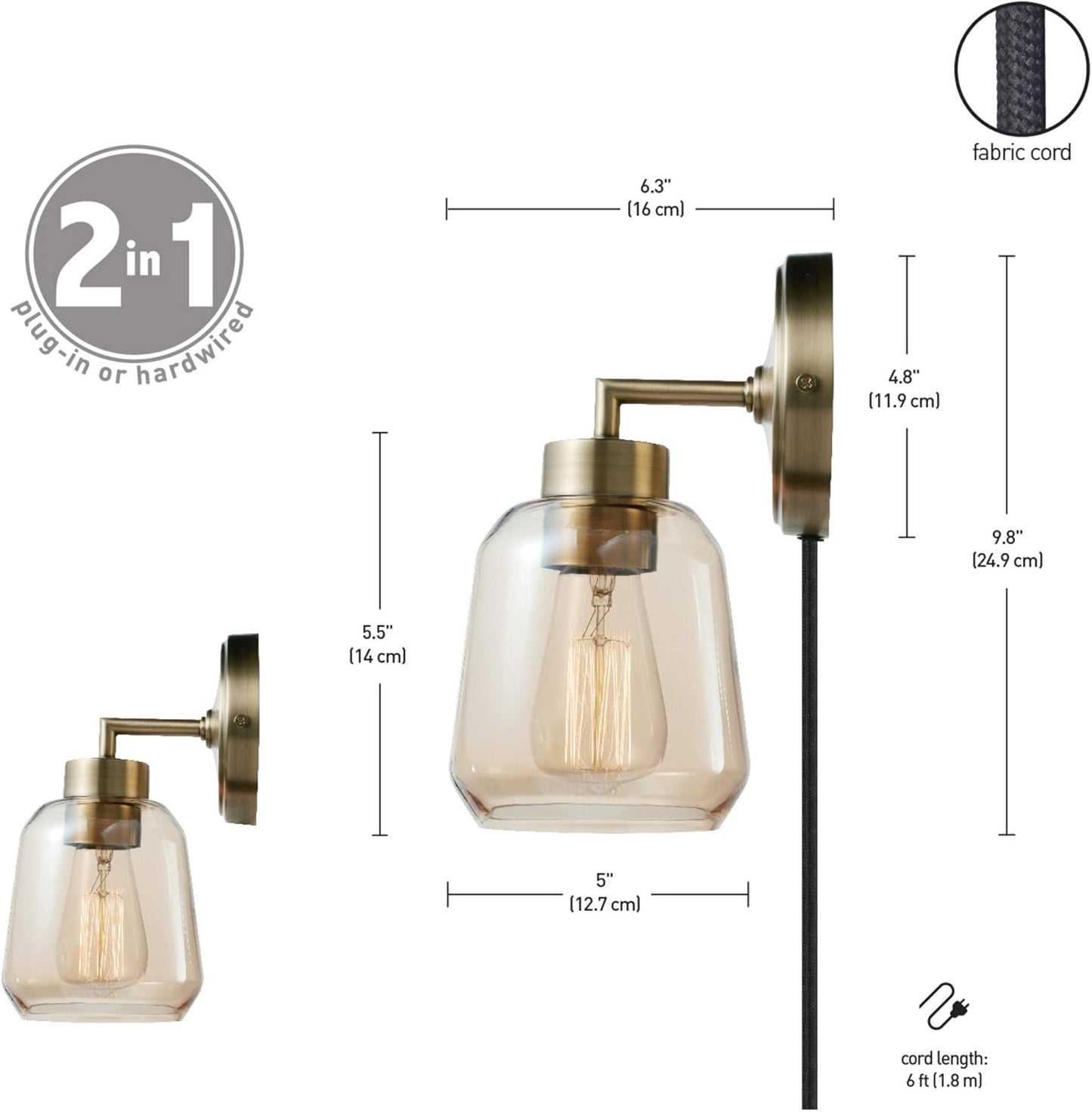Globe Electric 51715 1-Light Plug-in or Hardwire Wall Sconce, Matte Brass, Smoked Amber Glass Shade, Black Fabric Cord, in-Line On/Off Switch, Bedroom, Living Room, Mounted Bedside Lamp