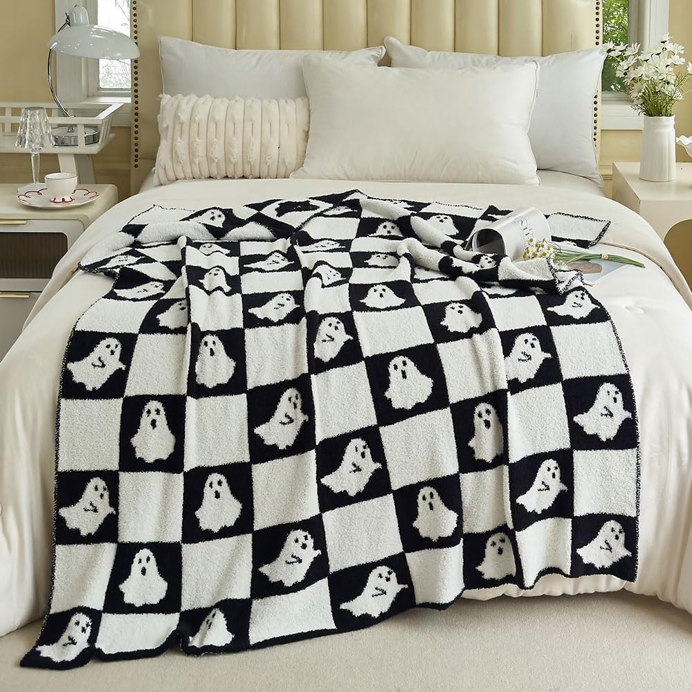 Ultra Soft Cozy Microfiber Black Skull Ghost Halloween Knitted Throw Blanket Fluffy Fuzzy Double Sided Lightweight Warm Camping Travel Bed Blanket for Couch Sofa 50x60 Inches (Ghost 2 Black)
