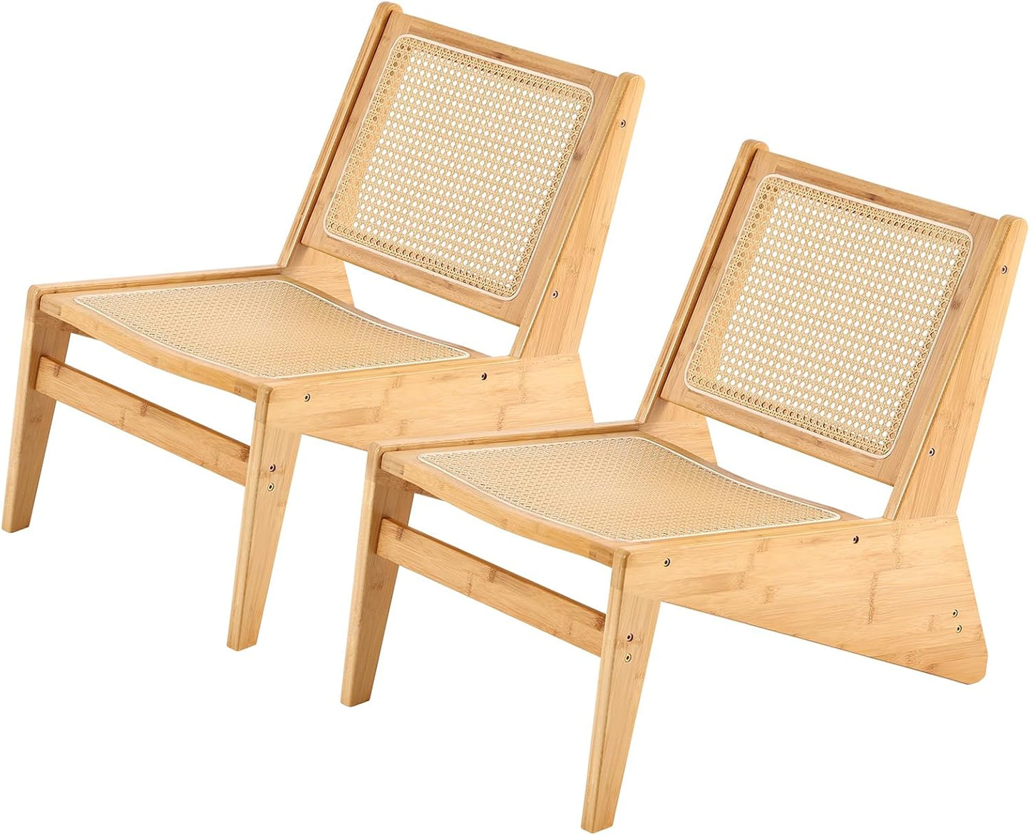 Welnow 2-Pcs Mid Century Rattan Accent Chair, Bamboo Wood Lounge Chair with Woven Cane Backrest, Low Armchair for Living Room, Bedroom, Balcony or Reading Corner, Natural