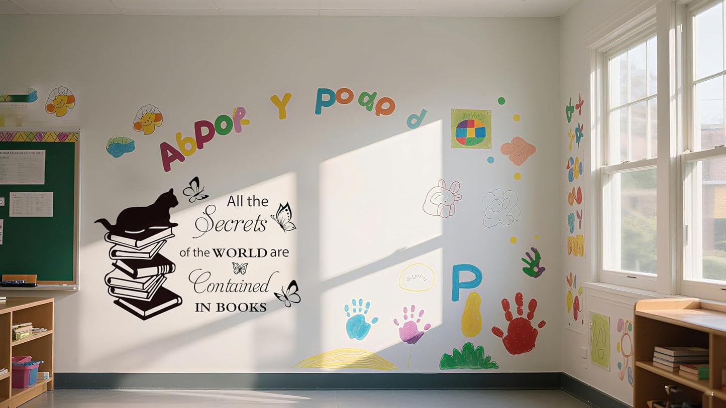 Reading Theme Wall Decal for Kid's Room , Cat Butterfly Books All the Secrets of World Inspirational Quotes Vinyl Removable Wall Stickers for Children Room Classroom Preschool
