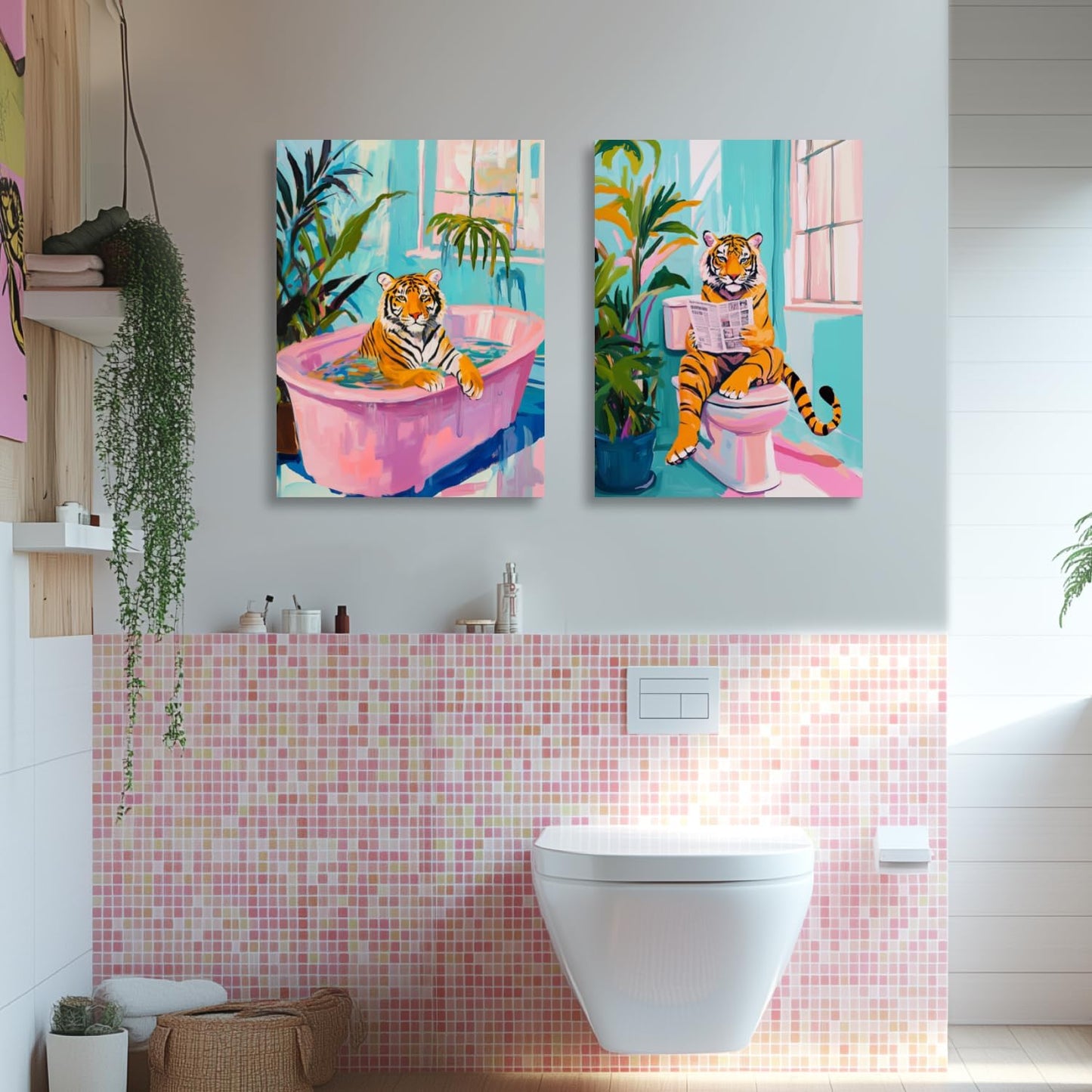 Funny Bathroom Pink Tiger Wall Art, Cute Tiger Reading Newspaper On The Toilet, Whimsical Animal Poster Prints for Restroom Bathroom, Set Of 2, 16x24 In
