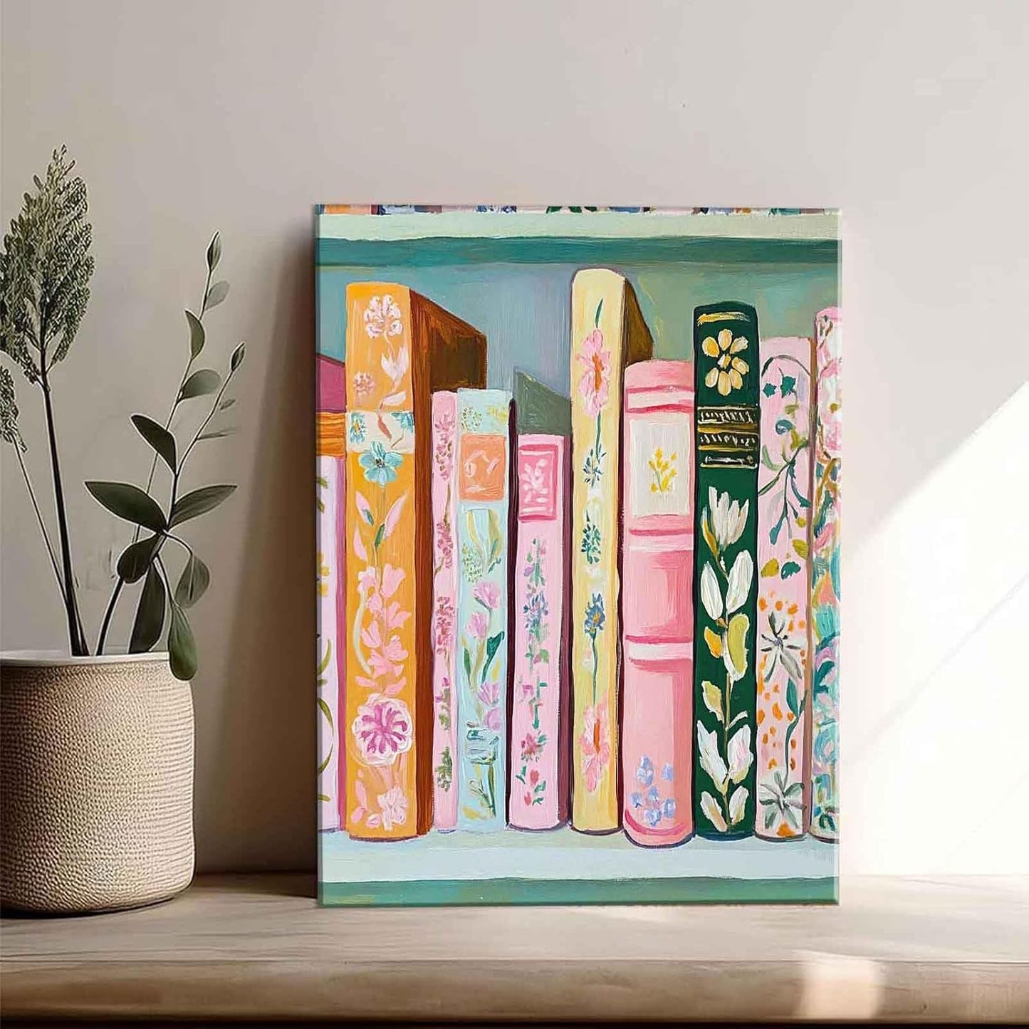Pastel Book Canvas Wall Art Modern Study Colorful Books Decor Pictures Girl Reading Bookworm Nook Paintings Poster Prints for Home Decoration Classroom Bathroom Bedroom Living Room Decoration
