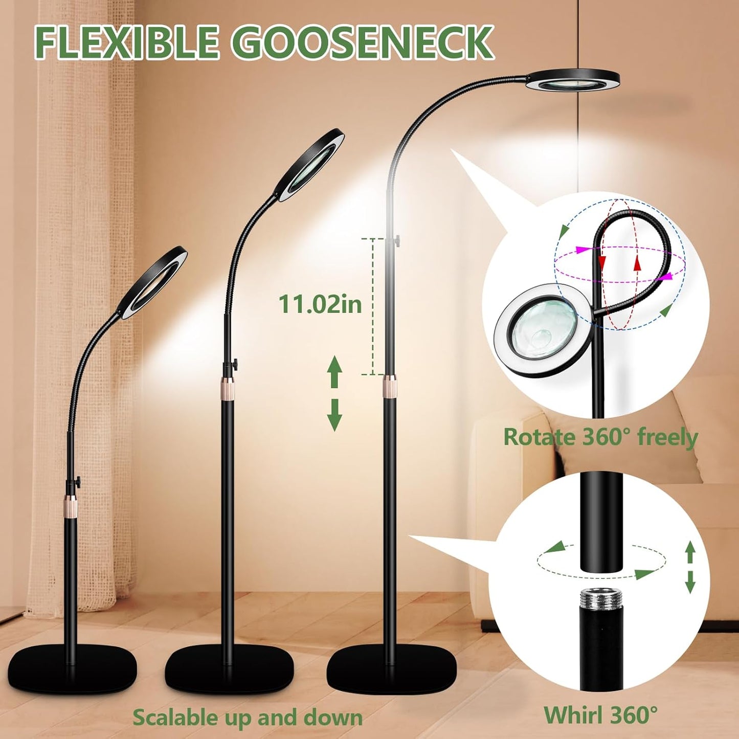 HITTI 10X & 30X Floor Magnifying Glass with Light, Standing Mag Lamp for Close Work, Esthetician, Jewellery, Craft, Facial, Adjustable Color Modes and Flexible Gooseneck LED Lighted Magnifier(Black)