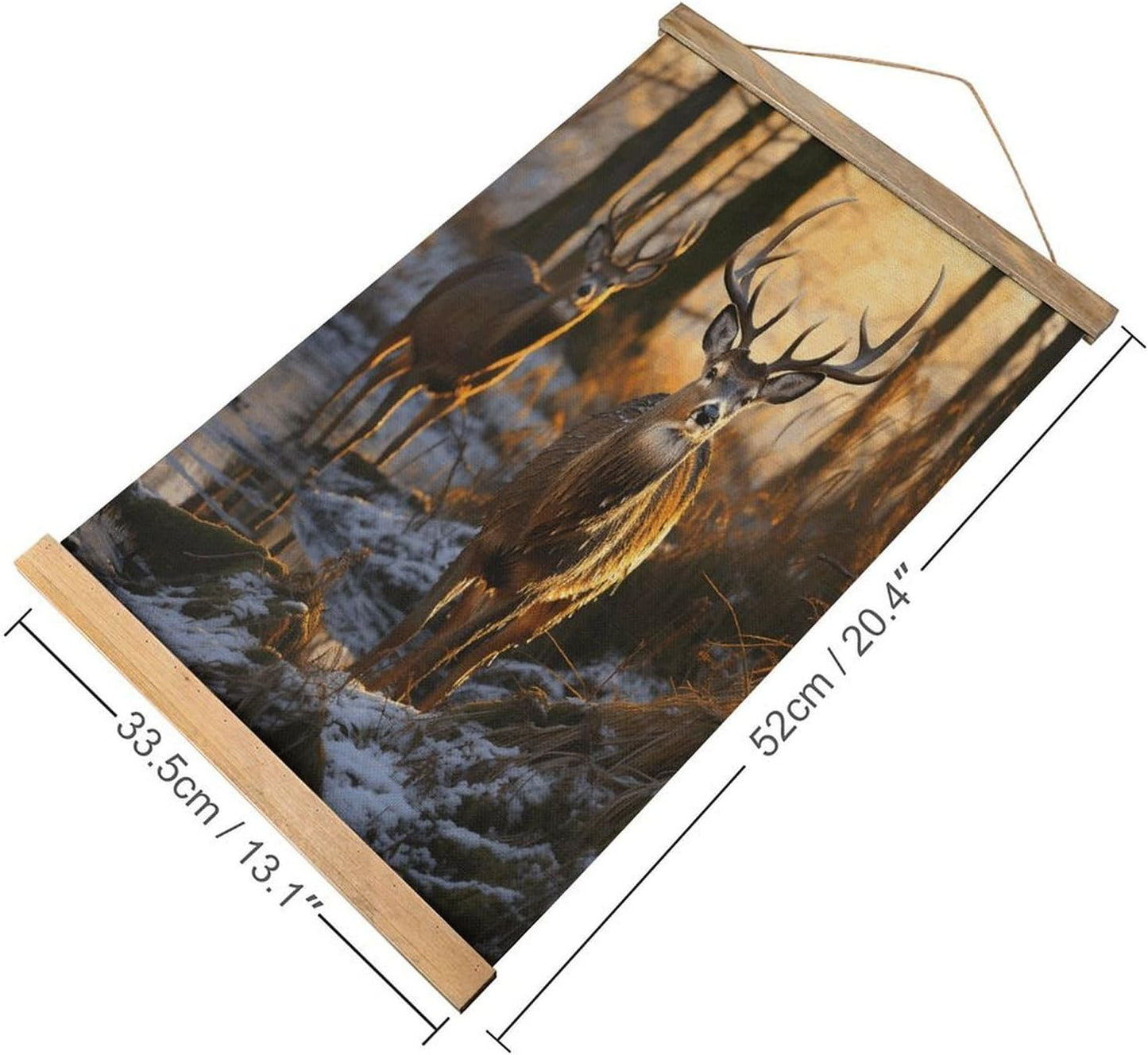 Vintage Deers Picture Poster with Wooden Frame Personalized Linen Hanging Scroll Painting Rustic Wall Hanging Illustrative Modern Artwork Decor for Home Living Room Bedroom Office
