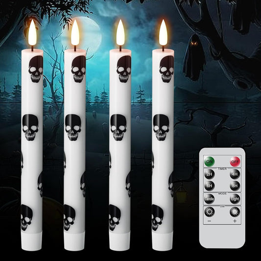 GenSwin Halloween Flameless Taper Candles Remote Timer, 4 Pack Real Wax LED Taper Candles Battery Operated Flickering with Skull Prints, Flameless Candlesticks for Halloween Decor(0.75”x 9.65”)