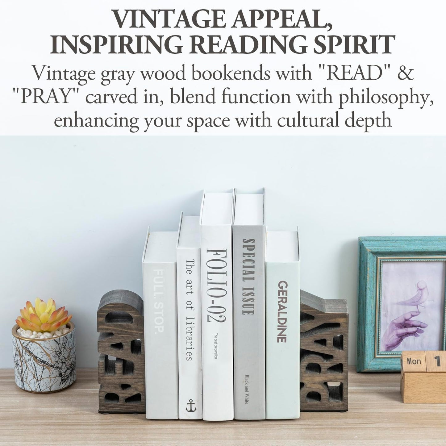 Book Ends Christian,Vintage Weathered Gray Solid Wood Bookends Carved in Read and Pray Block Letters, Decorative Book Stands for Home Library Bookshelf Office Desk, 2 Piece Set