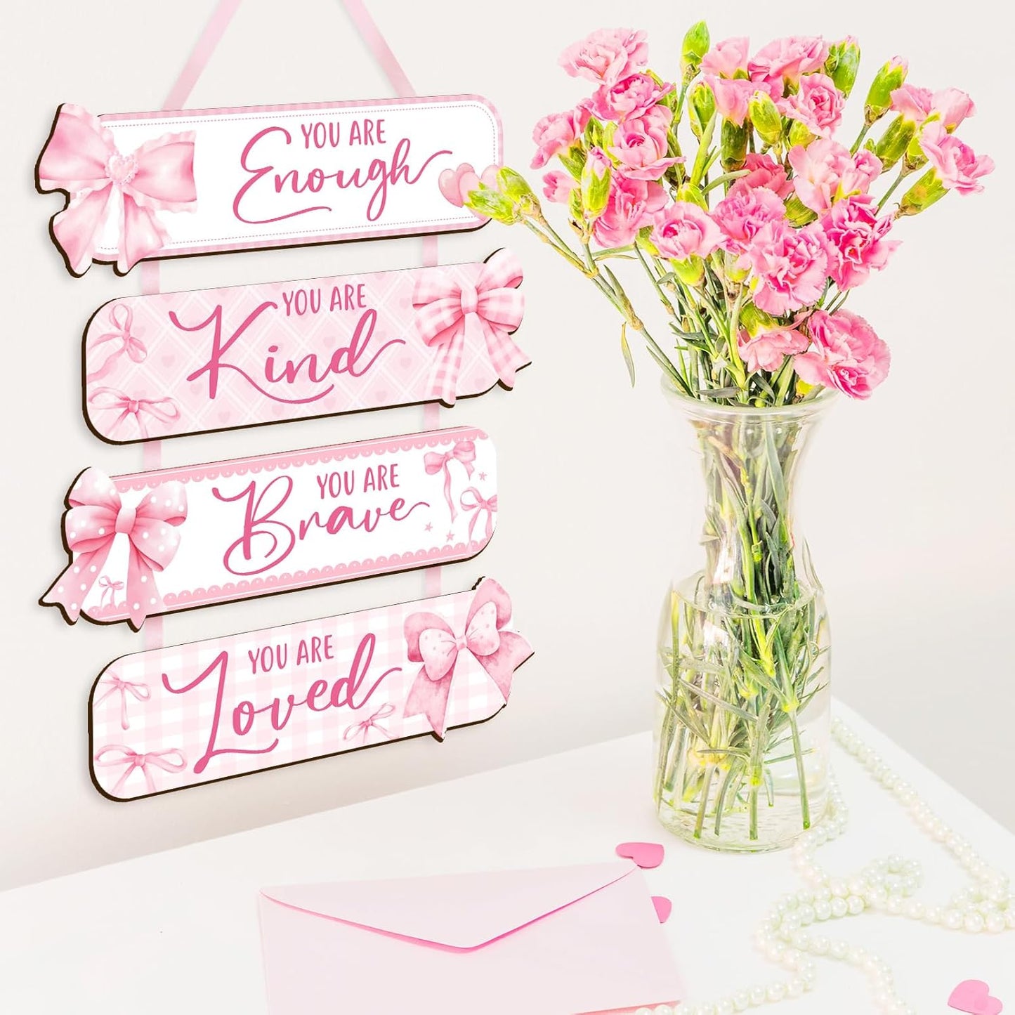 Girl Room Decor Wooden Wall Hanging Signs, Inspirational Quotes Wall Art with Bow Design, You Are Enough Kind Brave Loved, Bedroom Dorm Decor for Girls
