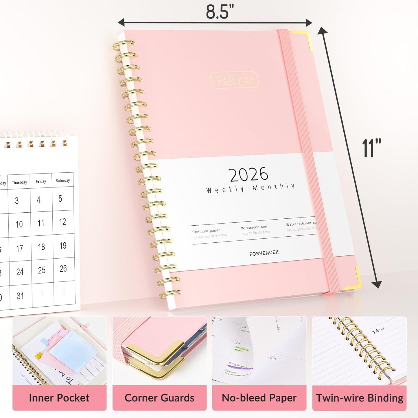 Forvencer 2026 Planner, Hardcover Calendar Planner Weekly and Monthly, Jan 2026 - Dec 2026, 8.5" x 11", Spiral Daily Organizer for Home School, Pink