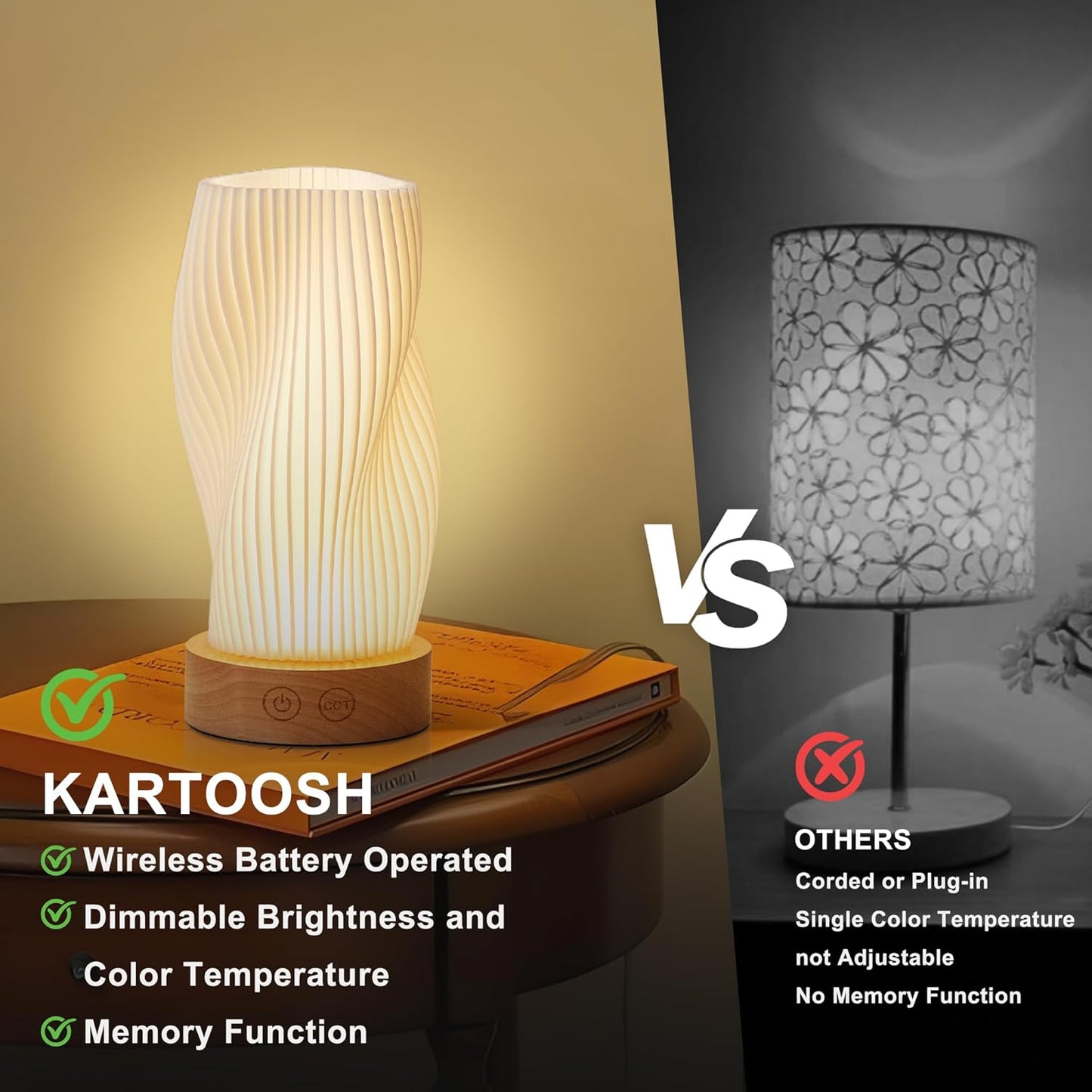 Battery Operated Portable Desk Lamp Set of Two, Dimmable Cordless LED Table Lamp,3 Colors & Memory Function, Modern Rechargeable Bedside Lighting for Living Room, Bedroom, White, 8.6inch