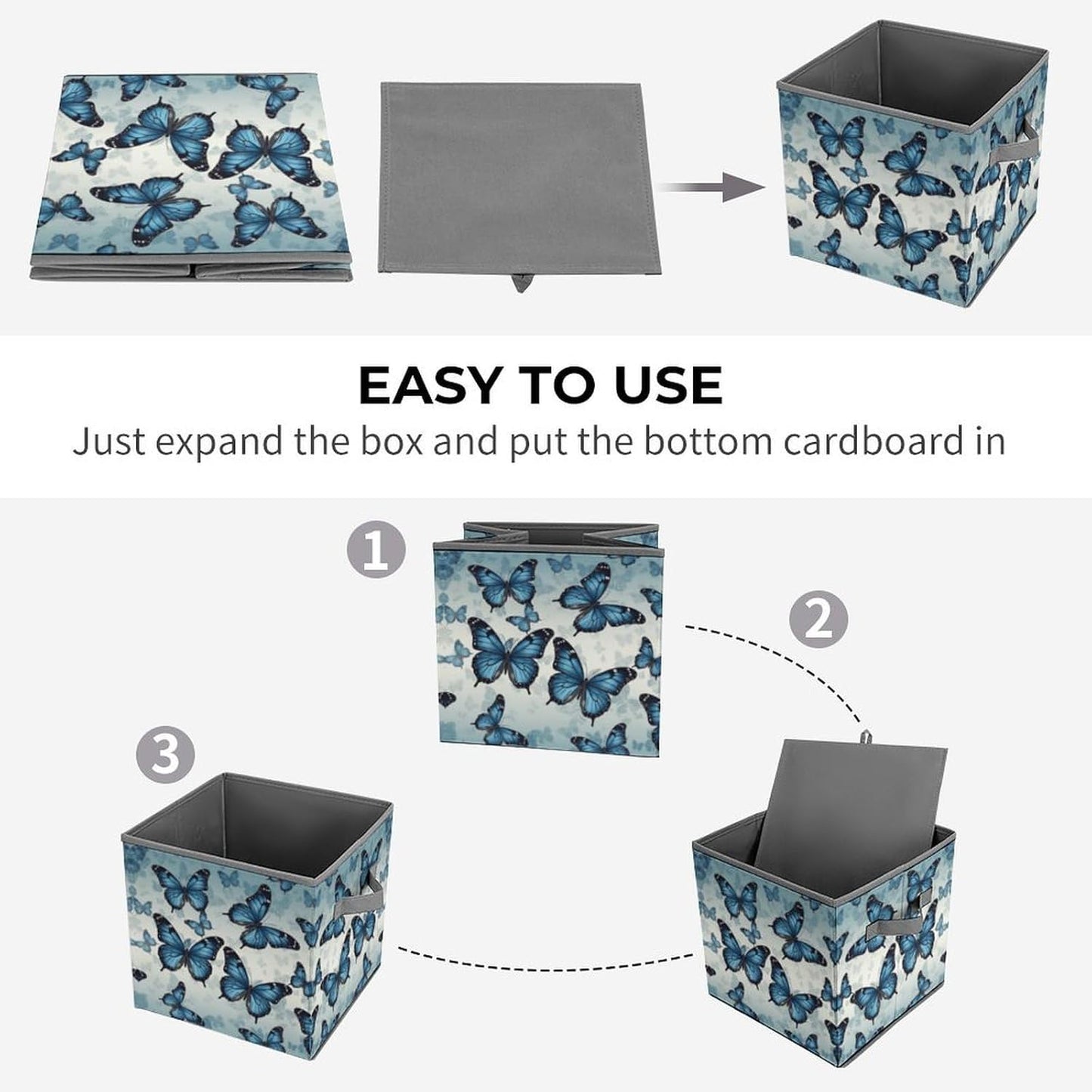 Blue Butterfly Storage Bins with Handles Fashion Large Storage Cubes Sturdy Foldable Storage Boxes Space-Saving Storage Baskets for Home Office Clothes Closet Organizers