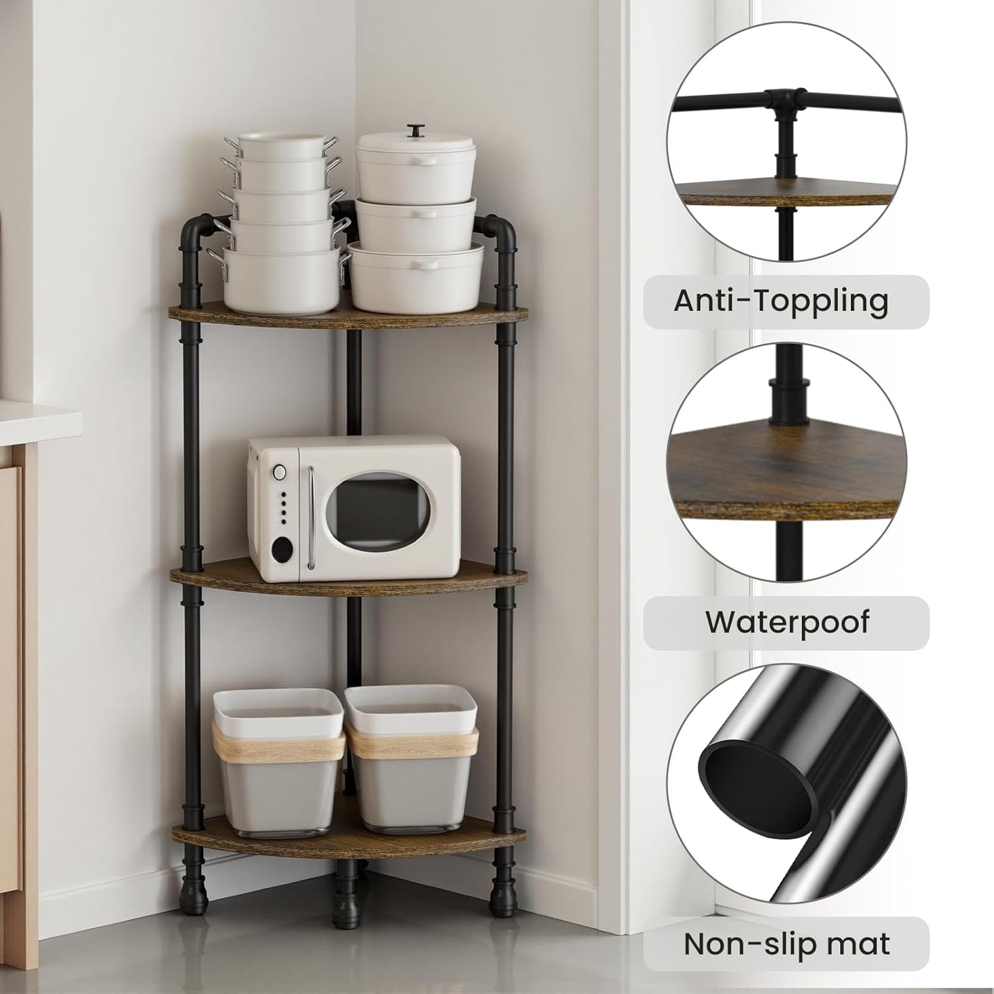 Aduanbang Fun Memories 3-Tier Corner Shelf Stand, Grey Storage Bookshelf for Bathroom, Living Room, Kitchen, Home Office (Brown(3 Tier))