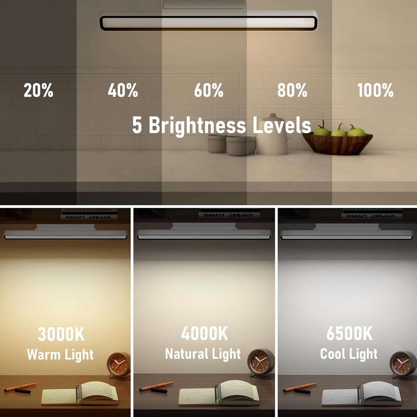 Desk Light Bar 16.5in Magnetic Rechargeable LED Light Bar, 3000K, 4500K, 6000K Color Temperature Battery Powered Under Cabinet Lighting for Desk, Home Office, Shelf, Reading