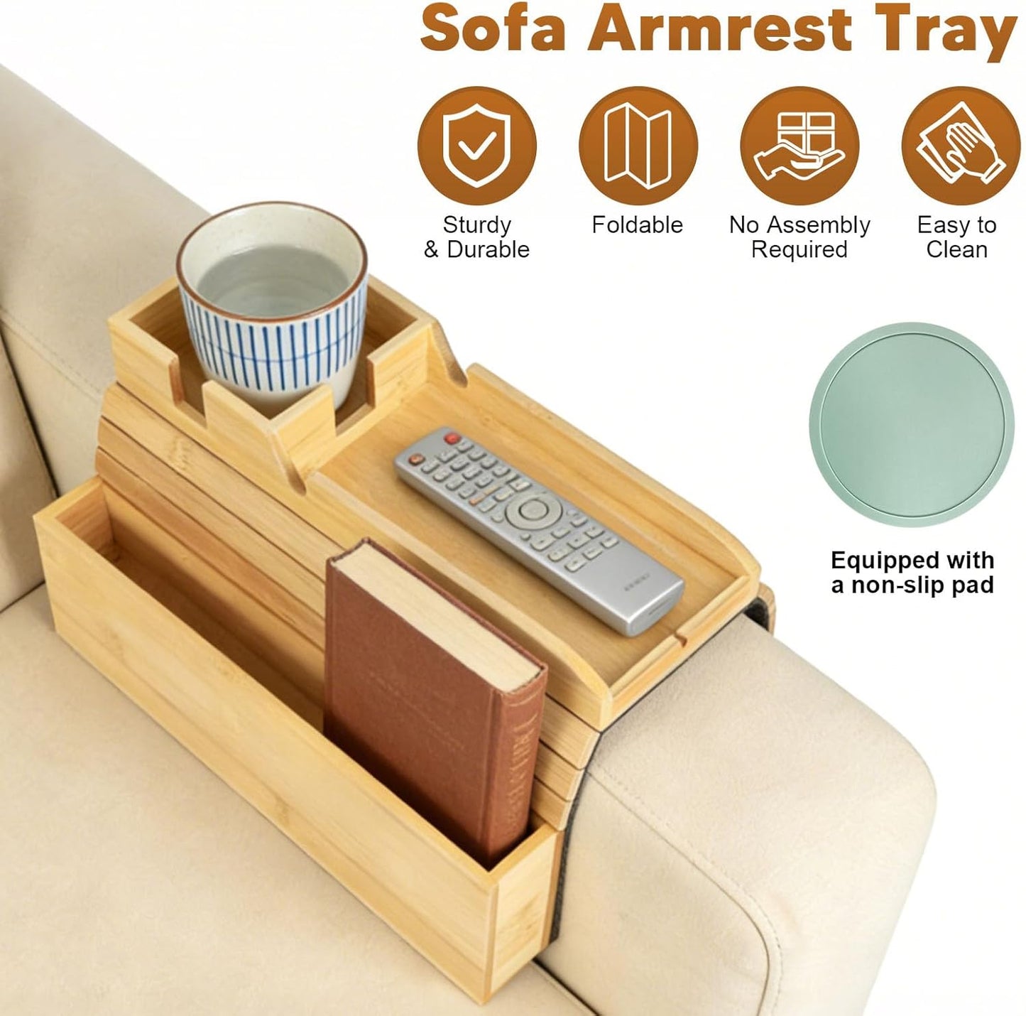 Bamboo Couch Armrest Table Foldable Sofa Arm Tray with Storage, Anti-Slip Cup Holder & Coaster, Splash-Proof Remote Holder for Snacks Phones Tablets TV Tray Couch Caddy Fits Armrests 4.5” and Wider