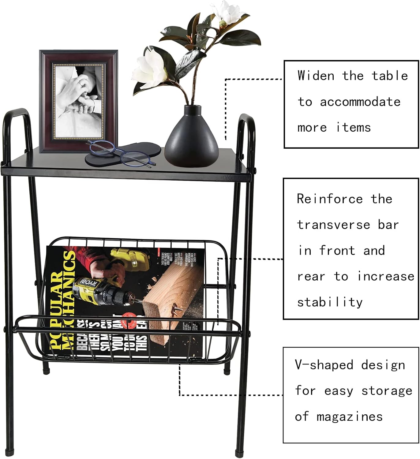 End Table, Metal Nightstand, Record Player Table with Magazine Holder, Record Player Stand with Storage, Side Table for Living Room, Bedroom for Small Spaces, Black
