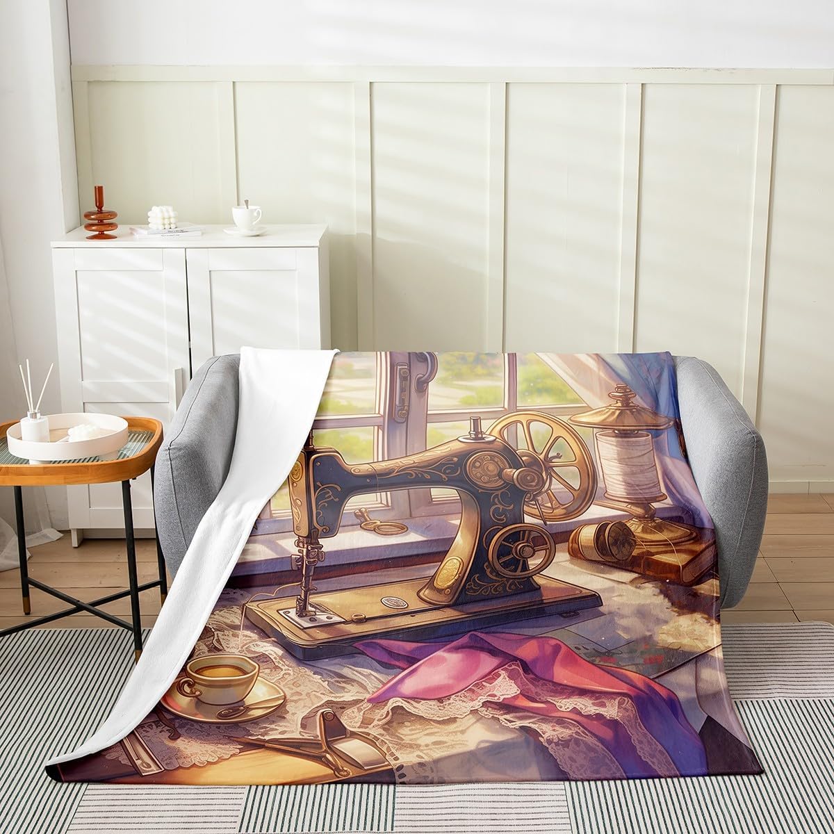 Sewing Kids Flannel Blanket,Cartoon Sewing Machine Peony Flowers Dreamy Bed Blanket for Girls Women,Hand Sewing Lovers Fleece Blanket,Brown Fuzzy Blanket,Throw Size (50 x 60 Inches)