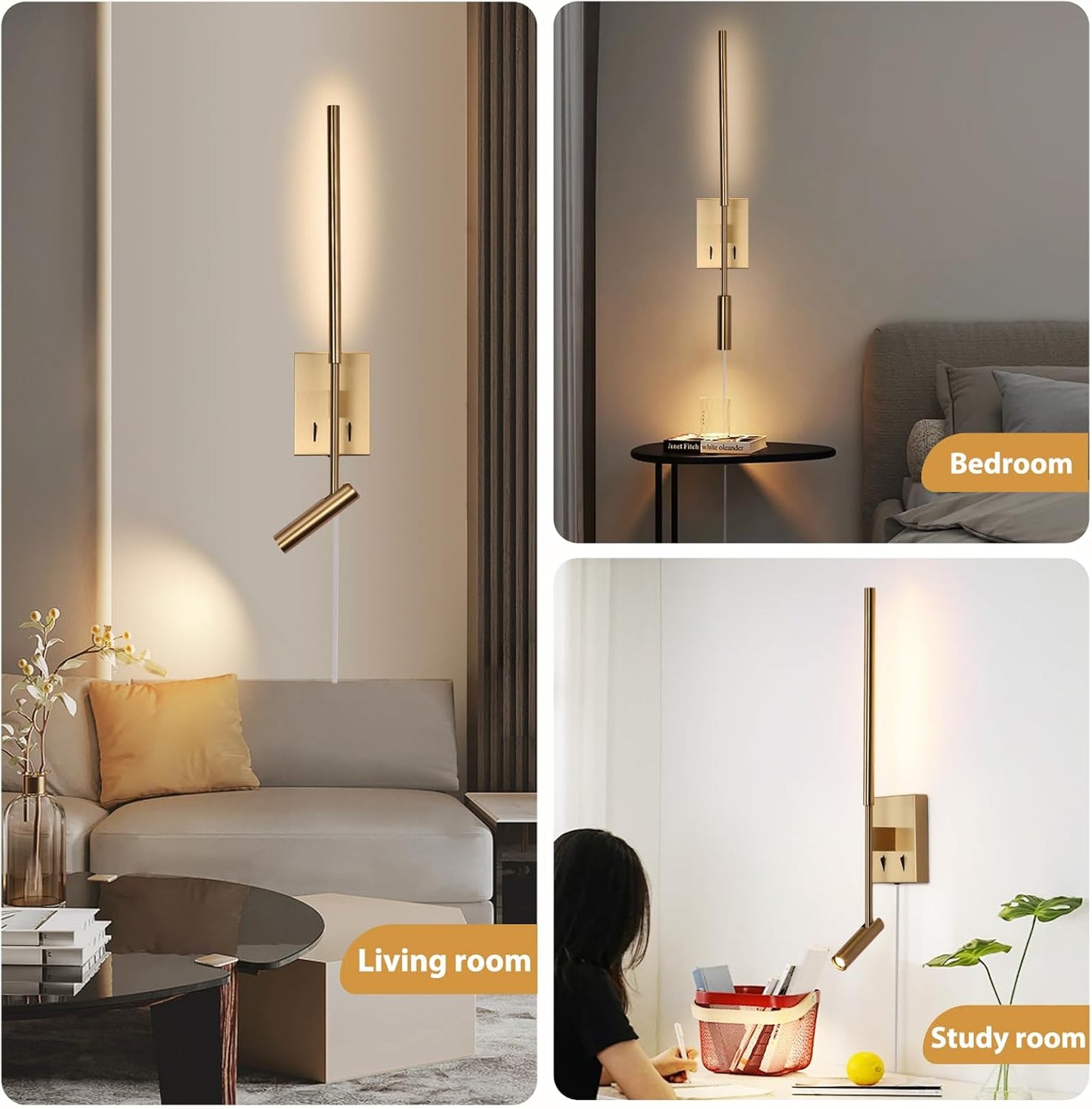 Modern Plug in Wall Sconce Indoor Ambient Lighting for Bedroom, Gold LED Wall Mounted Reading Lamp with Switch, Corded Minimalist Linear Wall Light with 5.9FT Clear Cord for Living Room Corner Hallway
