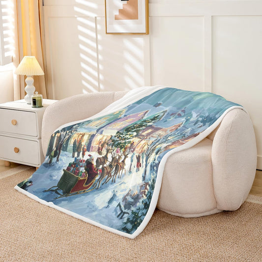 Feelyou Watercolor Christmas Sherpa Blanket Plush Fuzzy Santa Claus Fleece Throw Blanket Boys Girls Reindeer Sled for Bed Couch Chair Living Room Xmas Tree Bedroom Decor Throw 50"x60"