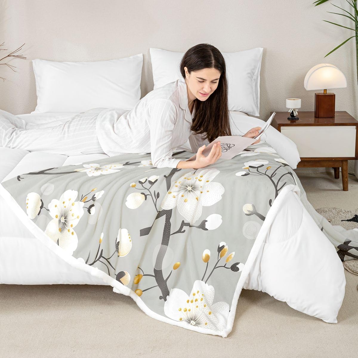 Feelyou Vintage Flowers Sherpa Throw Blanket for Couch Grey Boho Floral Super Soft Cozy Fleece Boho Blanket for Winter, Plush Throw Baby 30"x40" All Season