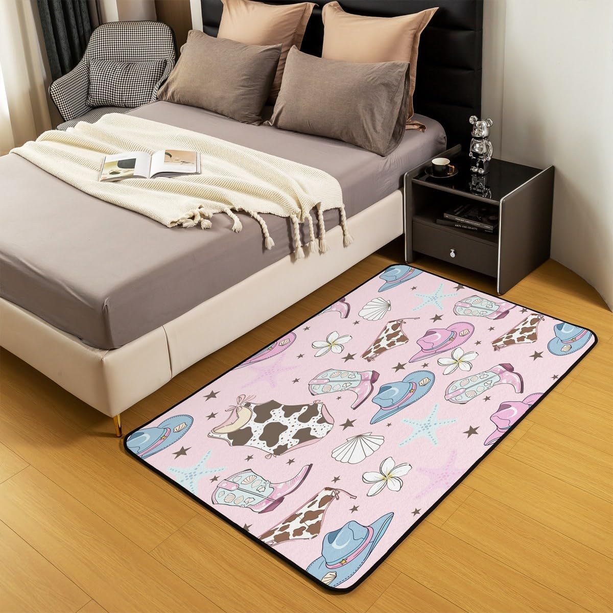 Erosebridal Cowgirl Area Rug 4'11" x 3'3" Boots Hats Living Room Rugs for Girls Women Cartoon Shell Starfish Summer Beach Floral Pink Blue Decorative Carpet Non Slip Indoor Floor Mat