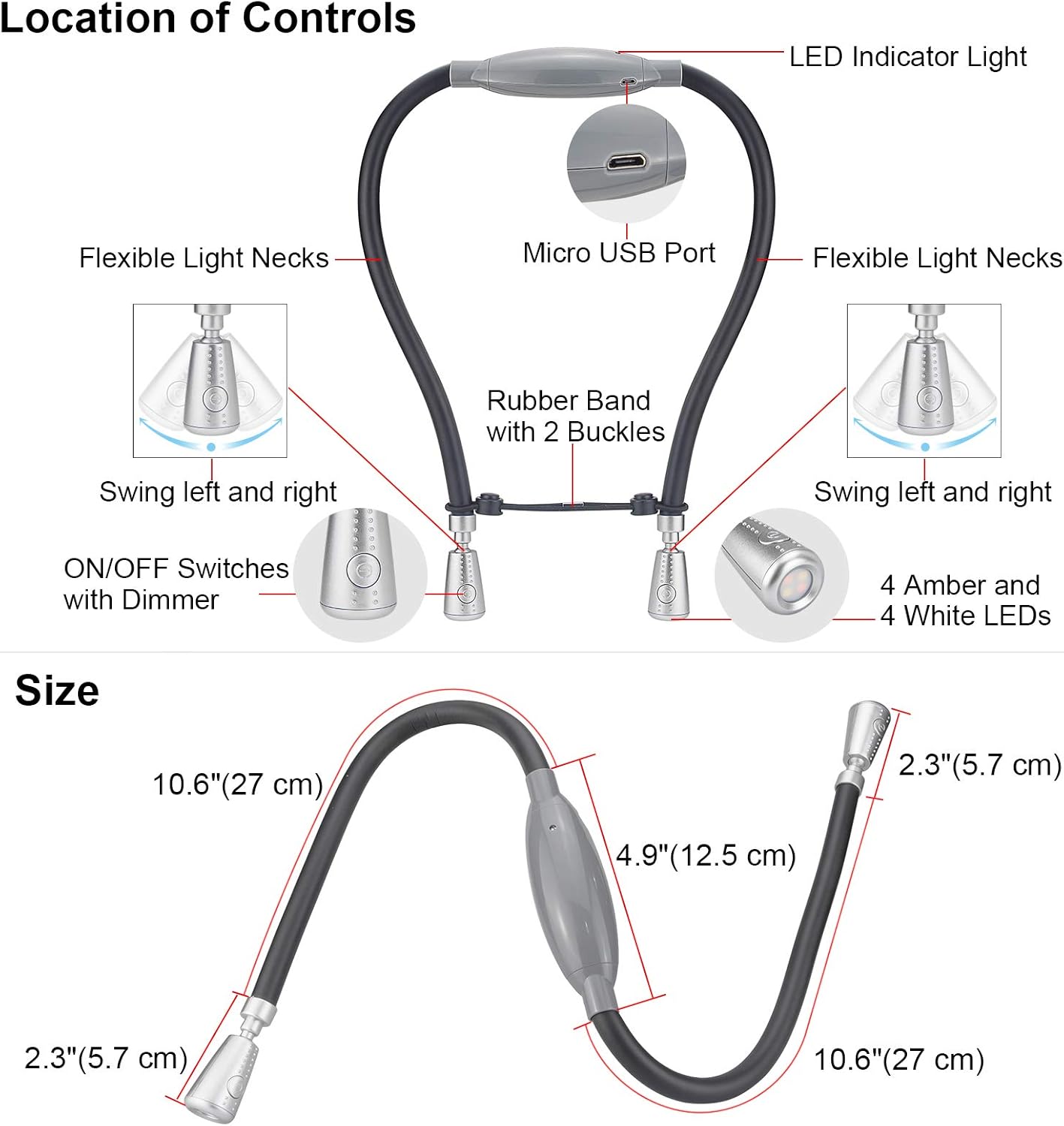 LED Neck Reading Light, Rechargeable 8 LED 2 Modes, Bendable Arms Swing Head, Brightness Adjustable Amber Light for Reading, Camping, Repairing, Knitting