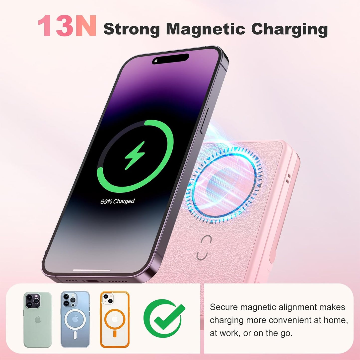 5000mAh Wireless Magnetic Power Bank, for MagSafe Portable Charger with Stand, Light Makeup Mirror, Bluetooth Selfie & USB-C Cable for iPhone17/16/15/14/13/12 Pink Travel Essential for Women