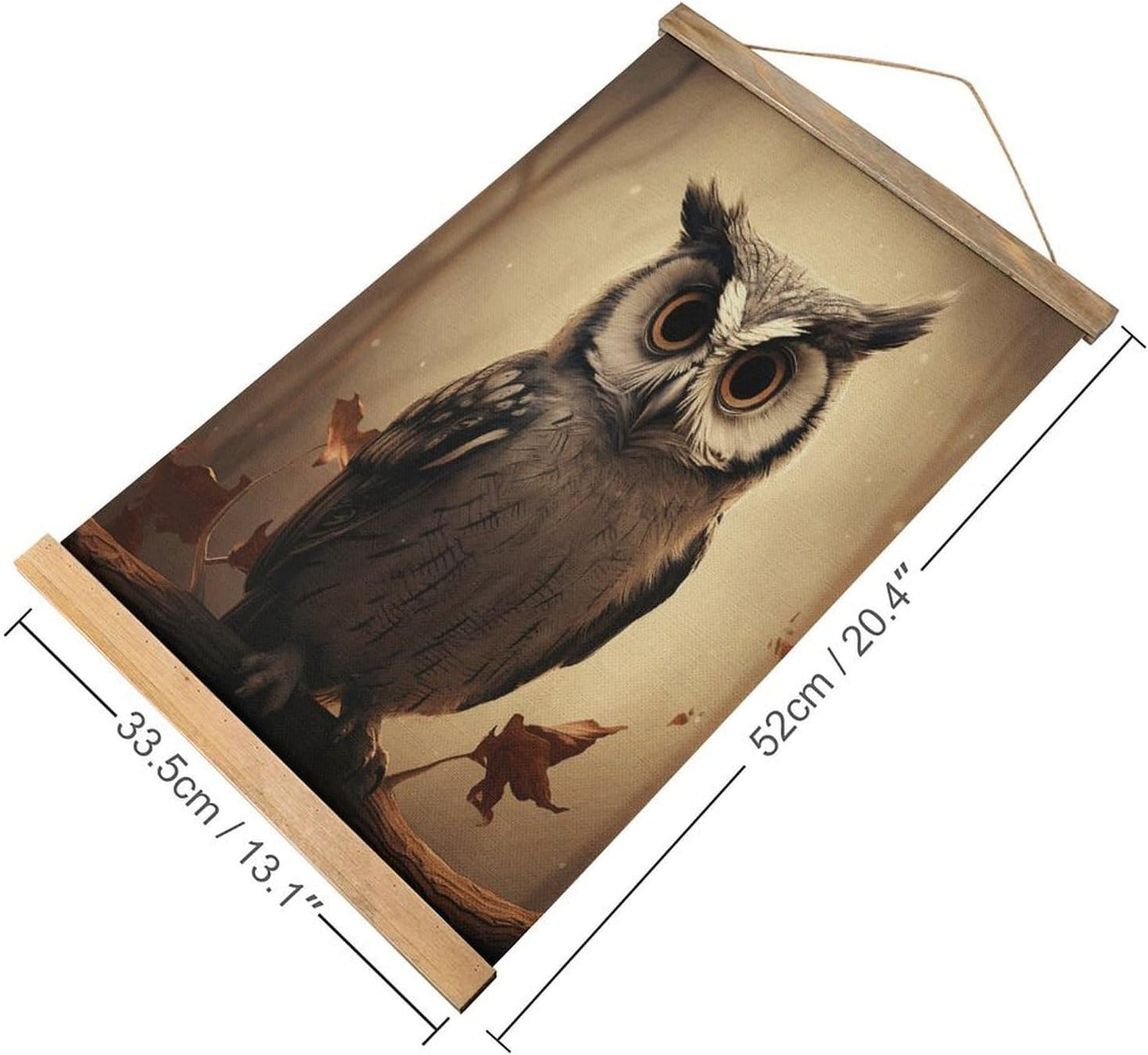 Vintage Cute Owl Poster with Wooden Frame Personalized Linen Hanging Scroll Painting Rustic Wall Hanging Illustrative Modern Artwork Decor for Home Living Room Bedroom Office