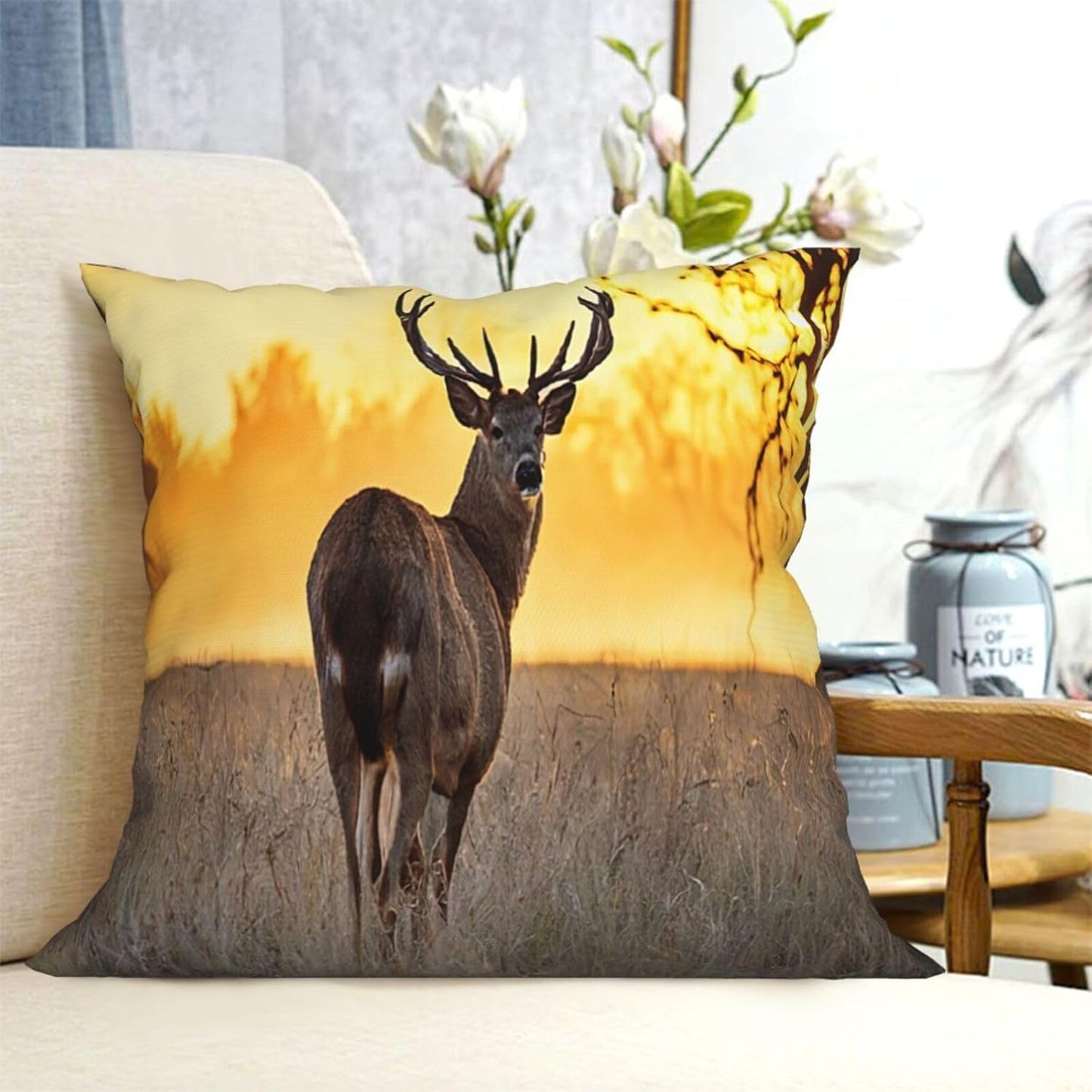 All-Season Square Pillow Covers 18"X18", Antler Red Deer, Decorative Throw Pillow Covers for Sofa Bed Couch, Hidden Zipper Cushion Cover, Square Lumbar & Accent Pillowcases for Home Decor