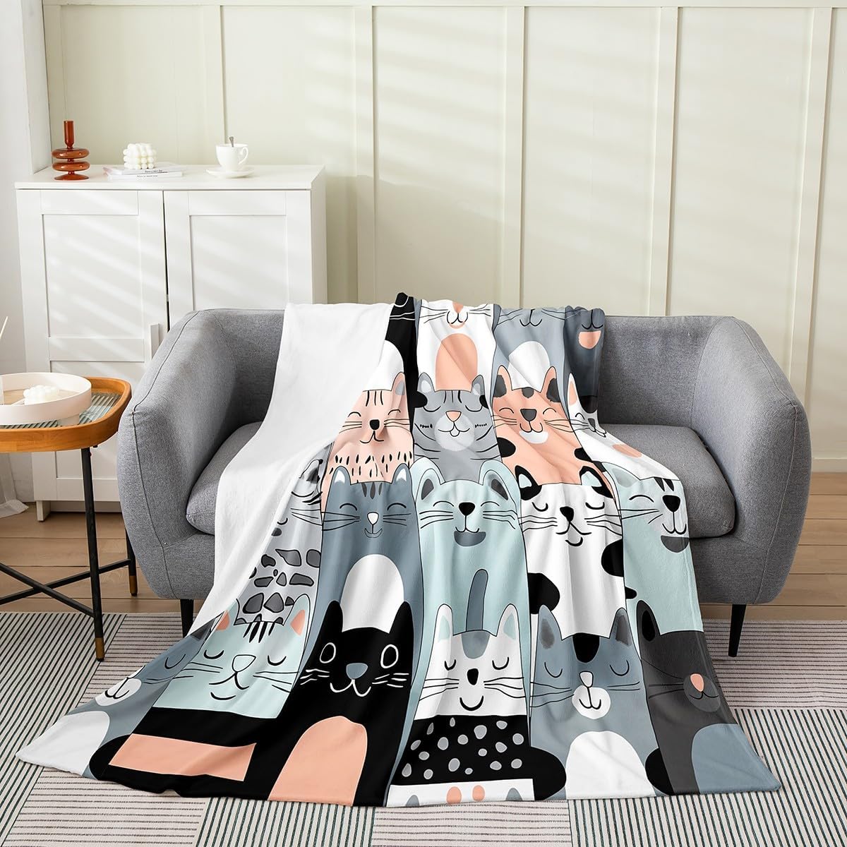Feelyou Cute Cat Plush Throw Blanket Twin 60"x80" Kids Cats Print Flannel Fleece Blanket Boys Girls Teens Cute Kitten All Season for Bed Cartoon Animal Cat Lover's Gift
