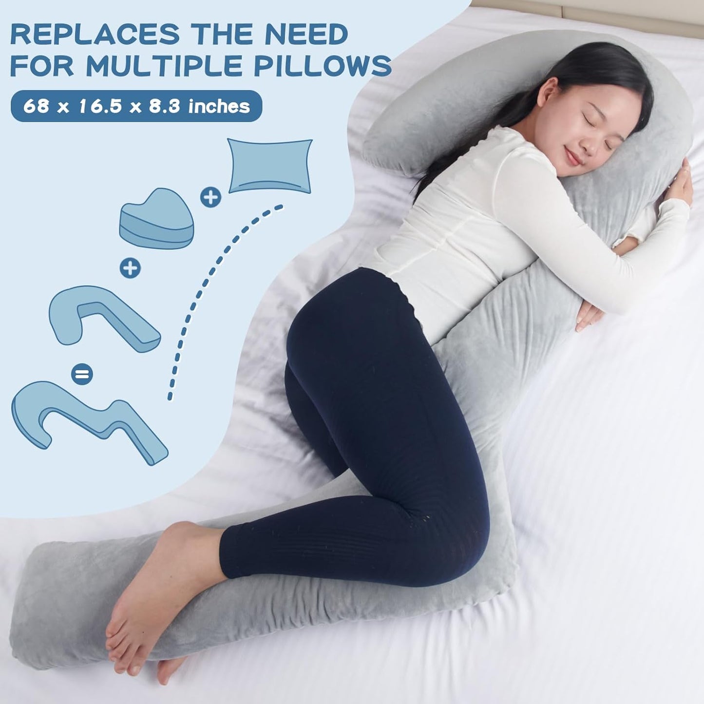 SAHEYER Body Pillow for Side Sleepers, 68 Inch Long Pillow Memory Foam Pillow with Cover, 3-Shaped Full Body Pillow Support Pregnancy - for Back, HIPS, Legs, Belly for Adults (Grey)