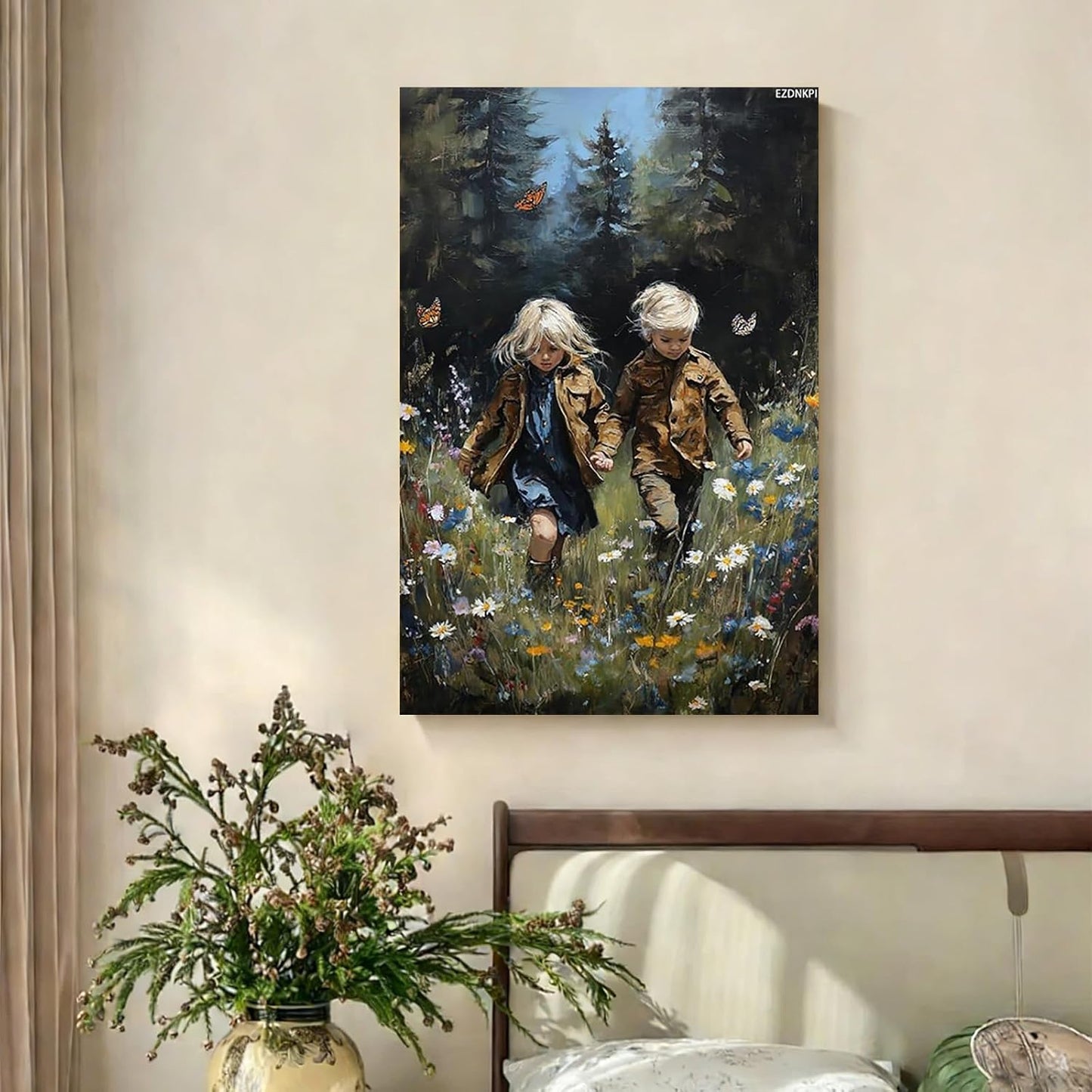 1pcs Framed Retro Wall Decor Man and Woman Walking in Flowers Canvas Prints Painting Rural Plant Posters Farmhouse Wall Art for Rural Bedrooms Corridor Canvas 8x12inch