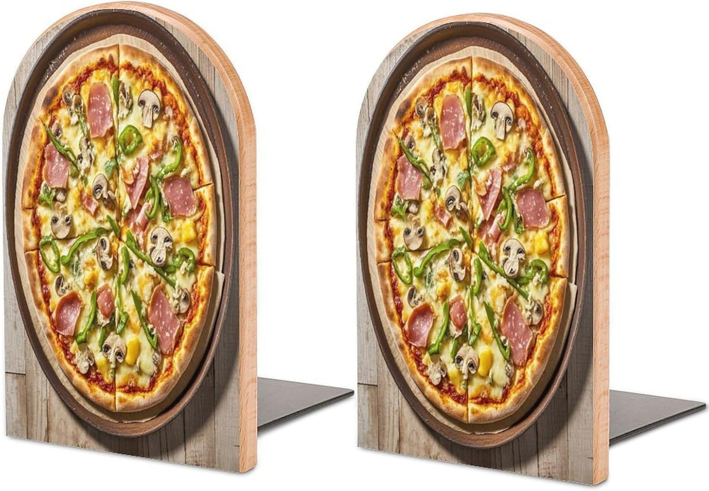 A Full Pizza Bookends 1 Pair Heavy Duty Book Ends for Shelves Non-Skid Bookend Supports Wooden Book Holders with Metal Base Desk Organizers Books Storage to Hold Books