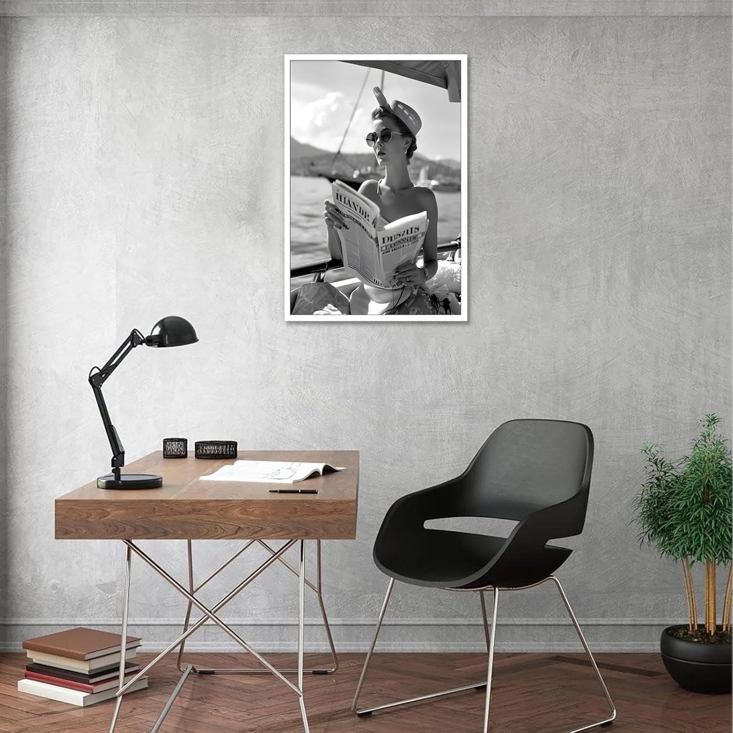 Vintage Black And White Poster Woman Reading Newspaper On Boat Wall Art Retro Luxury Feminist Magazine Aesthetic Prints Painting For Living Room Bedroom Office Wall Decor 12x16in Unframed