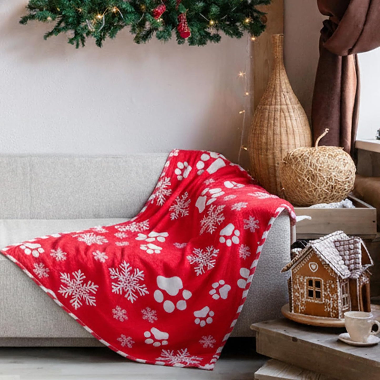 Christmas Flannel Blanket 50 x 60 Inch Cat Dog Paw Pattern Throws Blanket Soft Lightweight Cozy Gift Holiday for Bed Couch Sofa