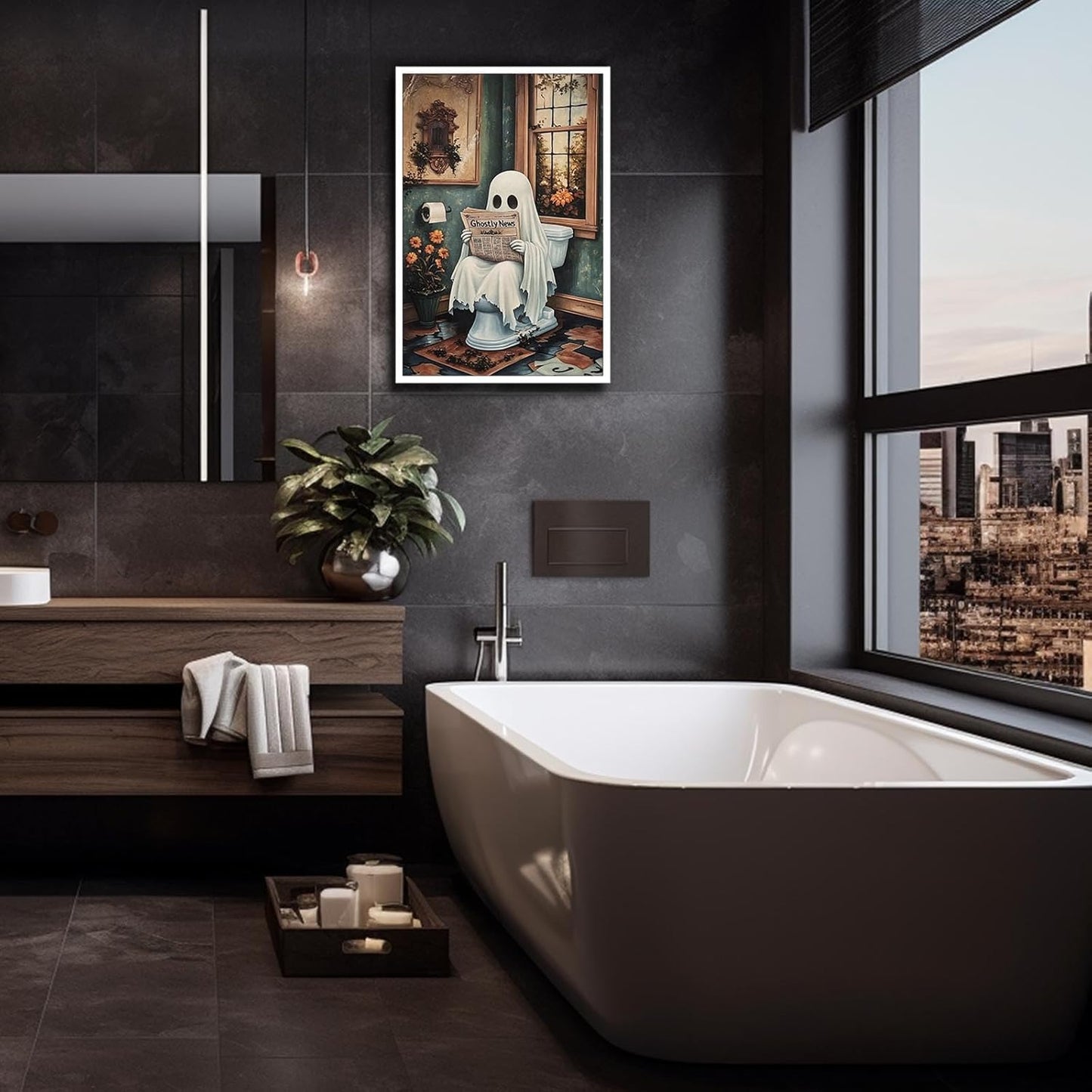 Halloweenn Ghost Reading Newspaper Bathroom Wall Art Funny Ghost On Toilet Posters Spooky Dark Academia Gothic Canvas Print Vintage Whimsical Horror Wall Decor for Apartment Dorm 12x16in Unframed