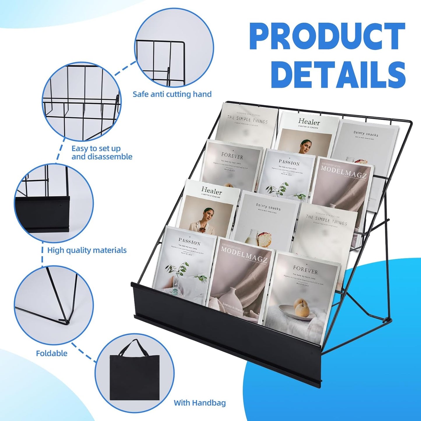 Book Display Rack with Storage Bag, Book Signing Rack, 4 Tiered Tabletop Magazine Display Rack for Library Classroom Picture Literature Brochure 16.14" x 17.95" x 17.24"