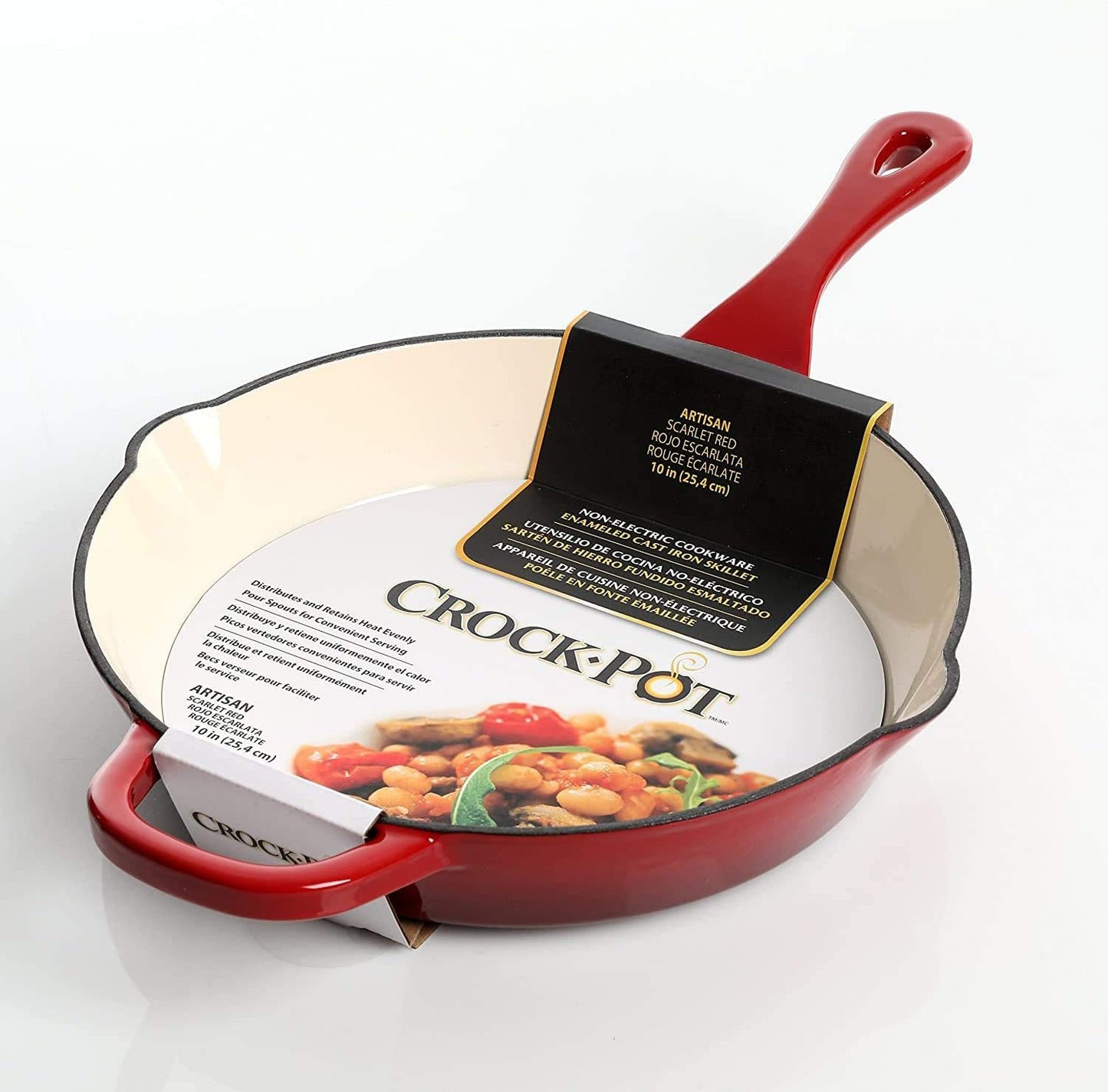 Crock-Pot 10 Inch Enameled Cast Iron Skillet with Handles - Ideal for Searing, Roasting, Frying - Even Heat Distribution, Pour Spouts - Oven-Safe & Stovetop Safe (Red)