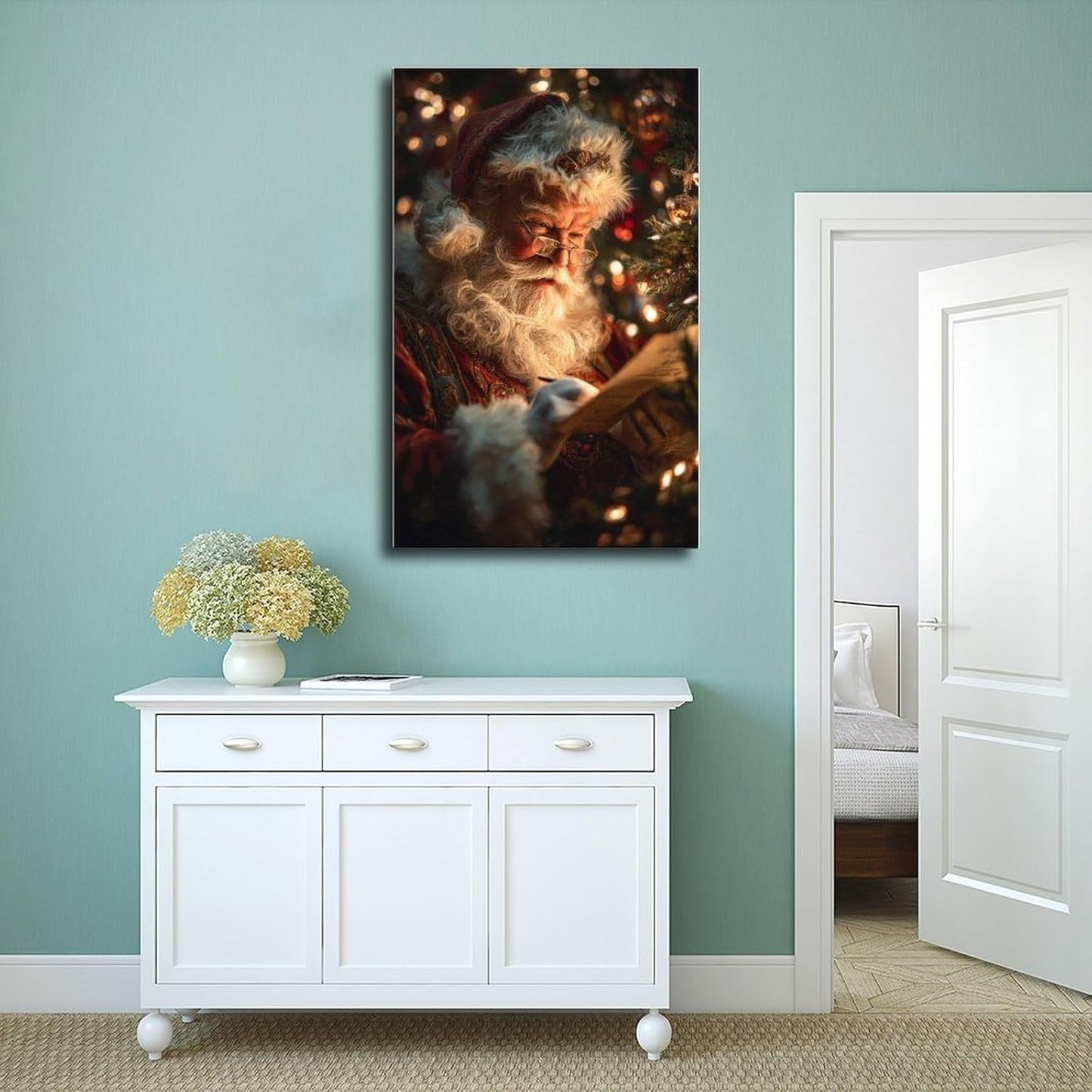 UZWGG 1pcs Frameless Vintage Santa Picture Prints Wall Art Santa Claus Reading Book Painting for Wall Decor Christmas Poster Xmas Decorations Nostalgic Xmas Gifts Canvas Roll16x24inch(40x60cm)