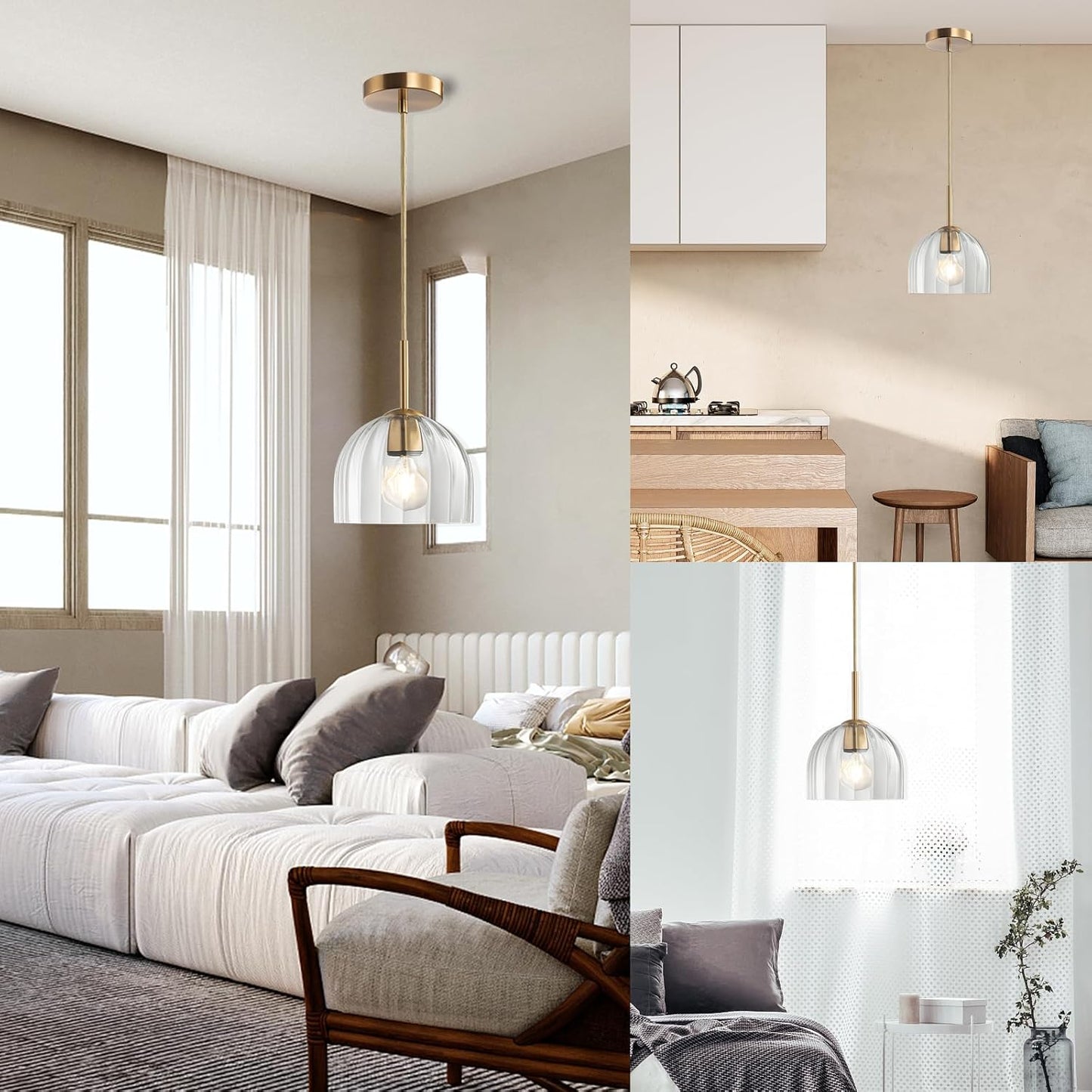 Modern Pendant Light Kitchen Island, Nordic Boho Dome Chandelier, 7.86" Bell Lamp Shape Hanging Ceiling Lighting Fixture with Clear Striped Glass Lampshade Dining Room