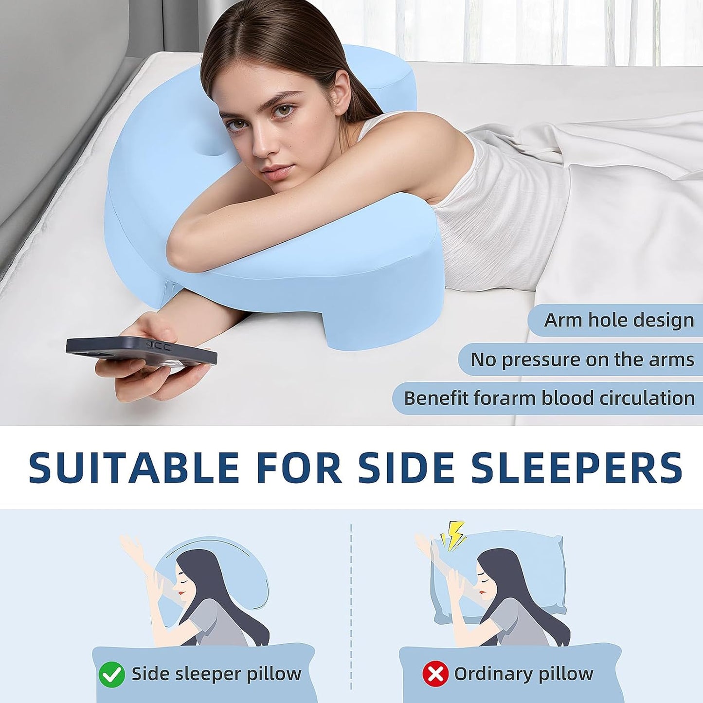 Side Sleeper Pillow, Side Sleeper Pillows for Adults, Memory Foam Pillow for Neck and Shoulder Pain, Ideal for Side Sleepers, Side Sleeper Pillows with Arm Hole (Blue)