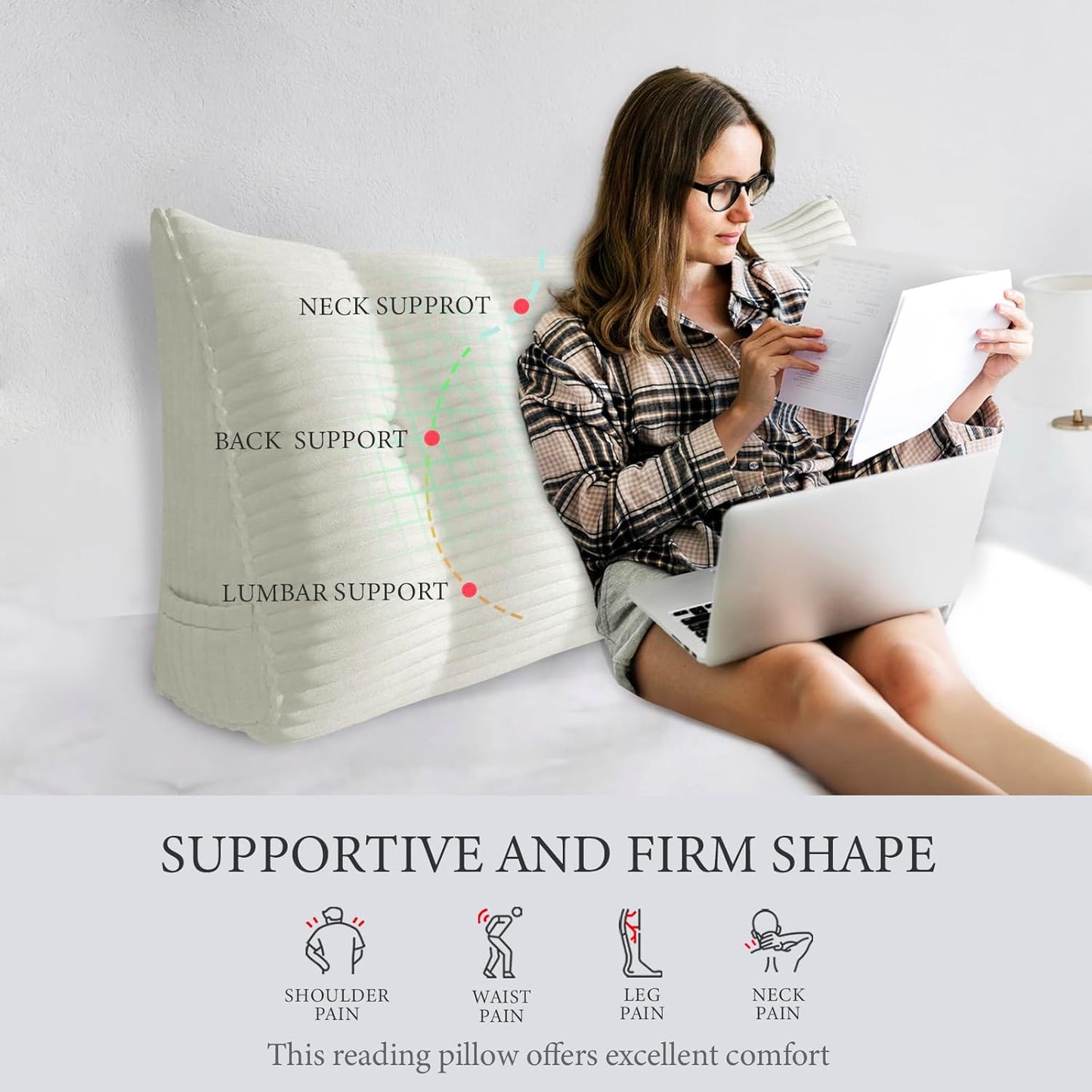 Fully Stuffed Thicken Headboard Pillow Full Padded Headboard Soft and Firm Support Large Bolster Triangular Bed Wedge Pillow Backrest Positioning Bed Rest Reading Pillows for Bed Corduroy White