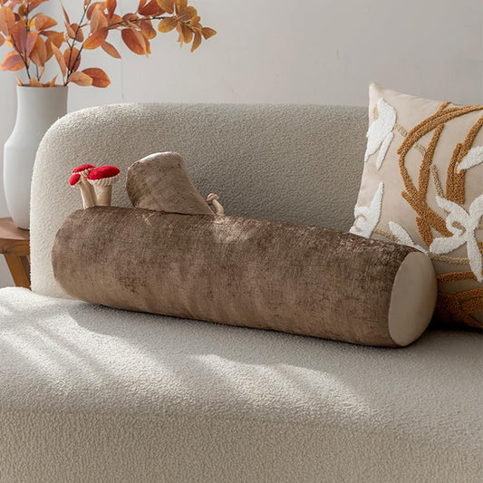 Mushroom Tree Log Pillow - Long Cylinder Decorative Throw Pillow for Couch, Sofa & Bed, Modern Chic Nature-Themed Pillow, Woodland Stump Accent Pillow for Living Room, Nursery, Home Decor