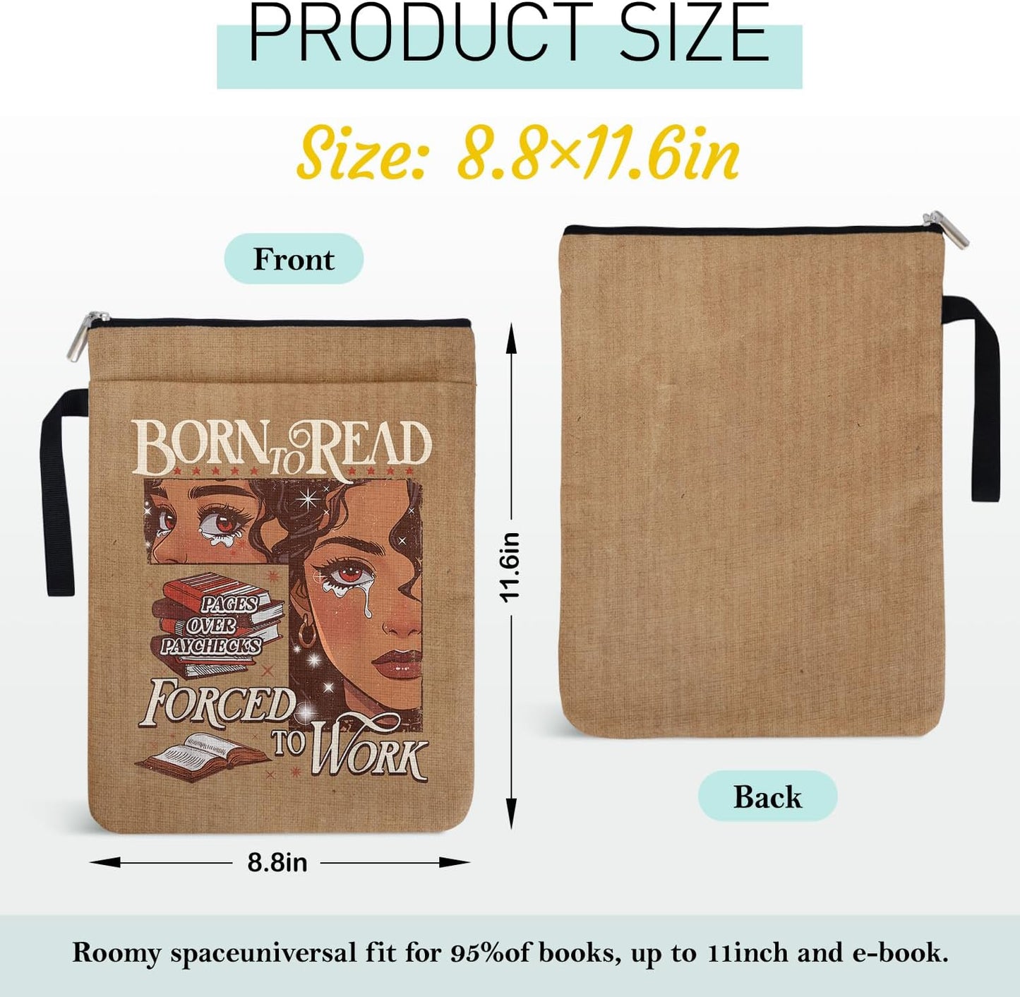 Born to Read Forced to Work Book Sleeve Pouch for Book Lovers Librarian, Black Girl Decor Gifts for Teacher Daughter Women, Bookish Group Club Book Cover Gifts 9x12 Inch