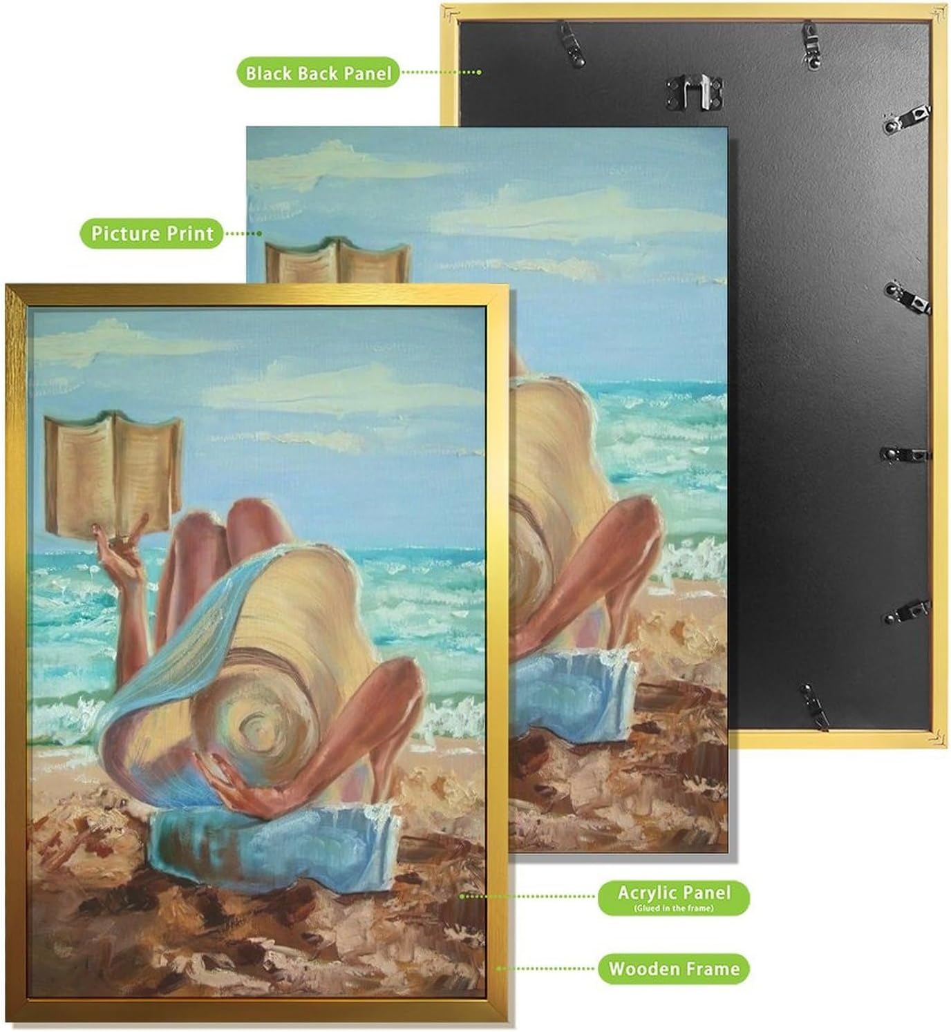 Rucatto Artistic Painting Poster of Woman Reading A Book on The Beach Wall Art Paintings Canvas Wall Decor Home Decor Living Room Decor Aesthetic 08x12inch(20x30cm) Golden-style