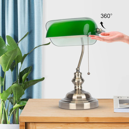 Green Glass Bankers Desk Lamp,Antique Desk Lamps with Brass Base, Traditional Library Lamp with Pull Chain, E26 Base, Vintage Desk Lamp for Office, Study Room