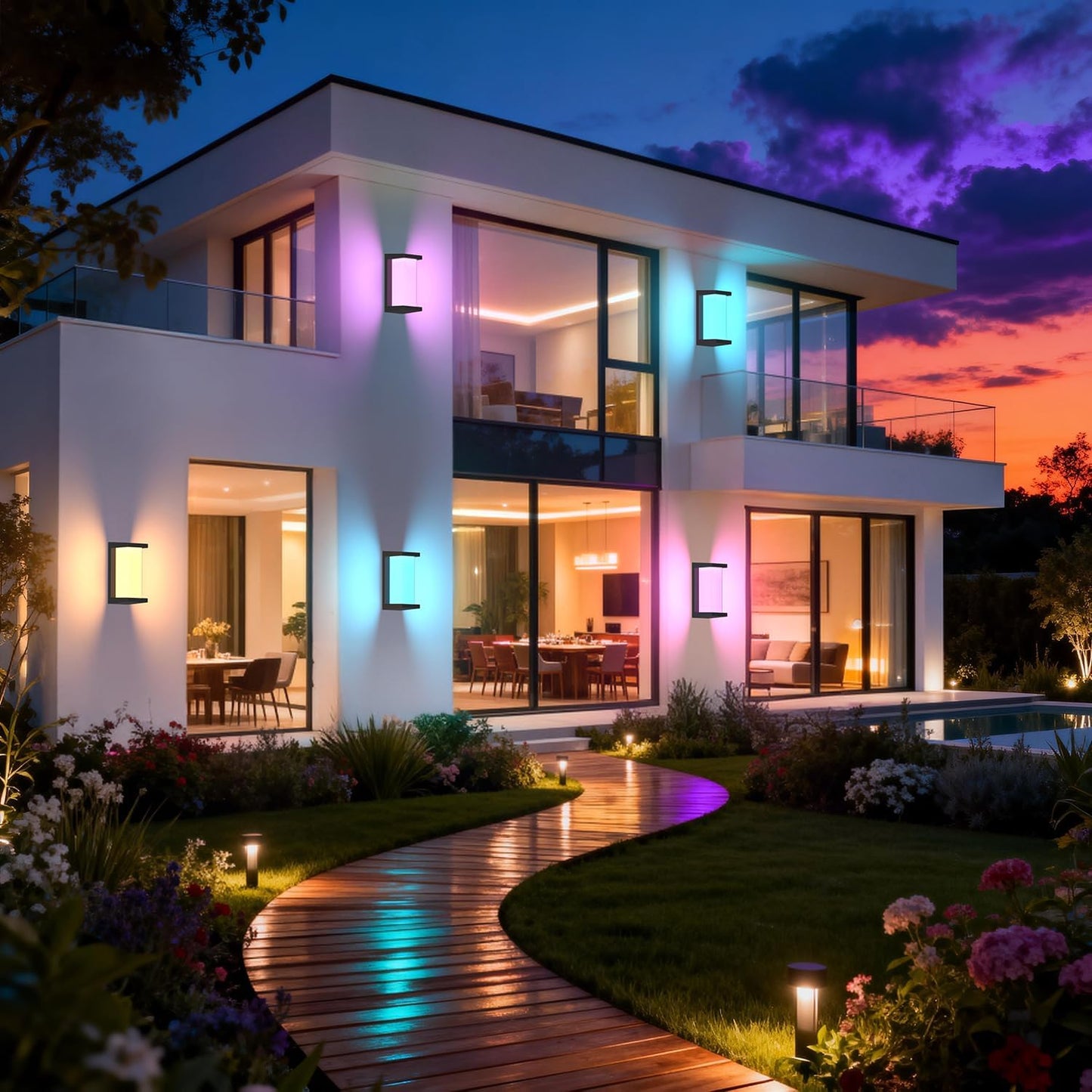 RGB Smart Outdoor Wall Lights,RGBCW Modern Outdoor Waterproof for Front Porch Light,WiFi APP Control Exterior Lighting Fixtures,LED Wall Mount Outside Lights for House,Garage,Backyard(2 Pack)