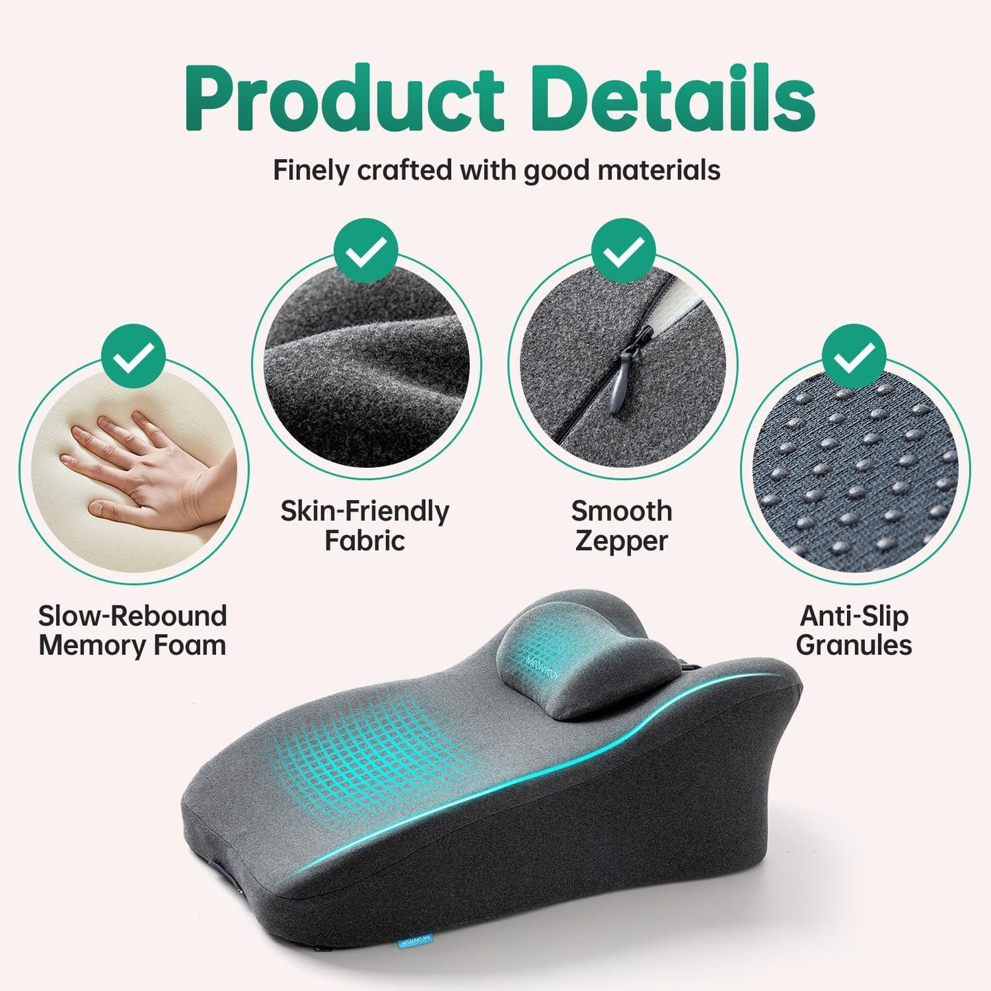 Memory Foam Ergonomic Support Pillow & Leg Elevation Cushion - Memory Foam Back Support for Bed Sitting, Reading & Daily Relaxing, Removable Washable Cover, Gray