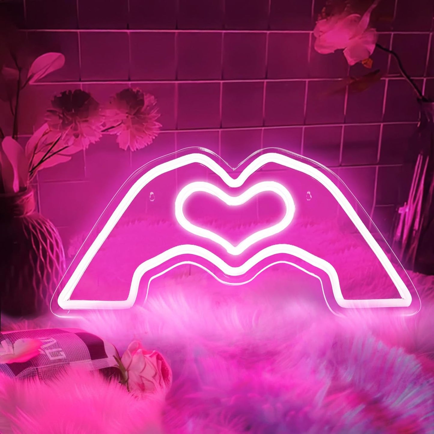 Heart Hands Neon Sign for Singer Fans Merch, Wall Art Decor Neon Signs Led Lights with Dimmable USB Charge for Bedroom Game Room Bar Party, Birthday, Christmas Decor Gifts (Pin/k)