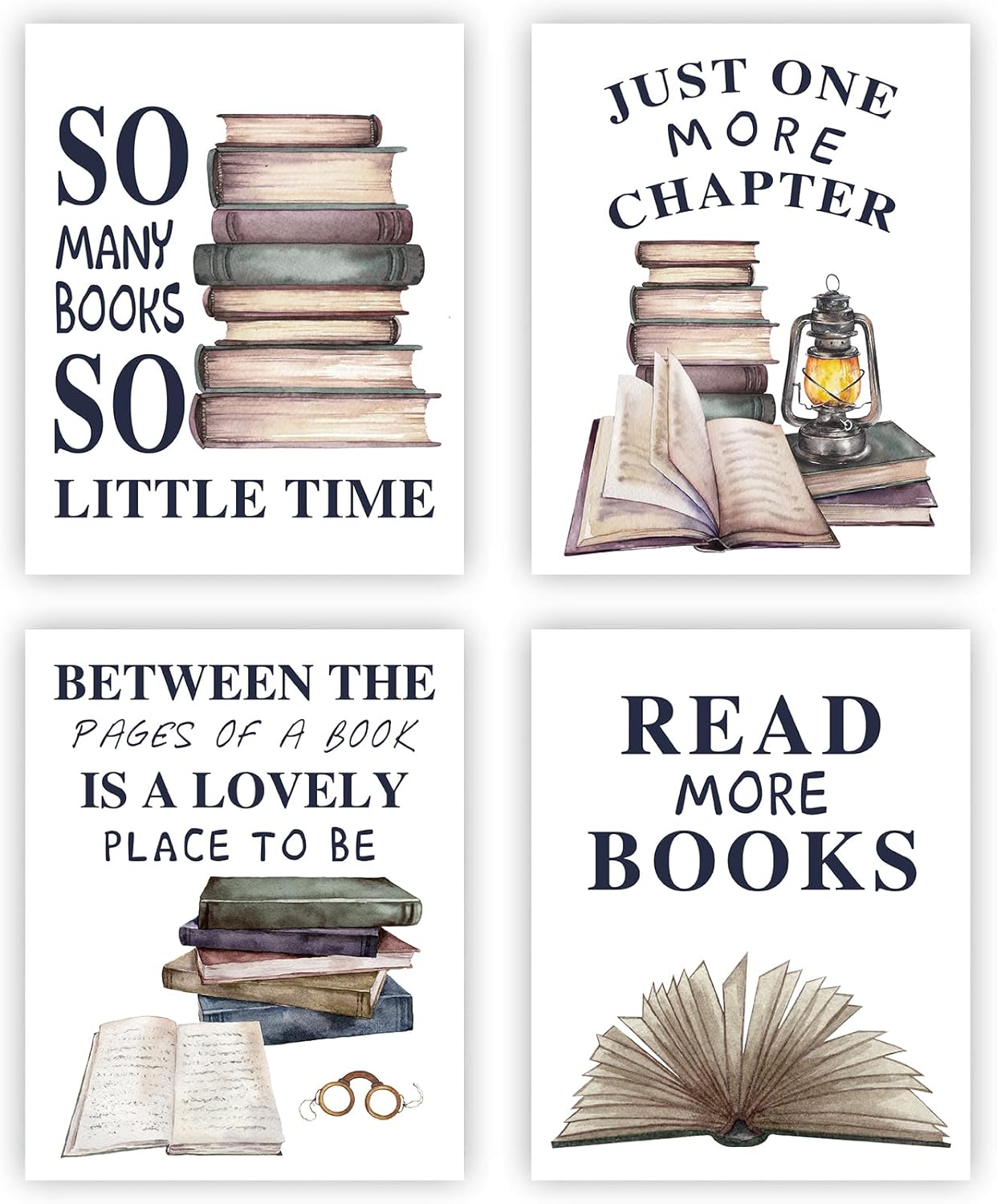 NIIORTY Vintage Reading Book Wall Art Set of 4 Canvas Prints 8x10 Inch Unframed Retro Posters Library Classroom Decor