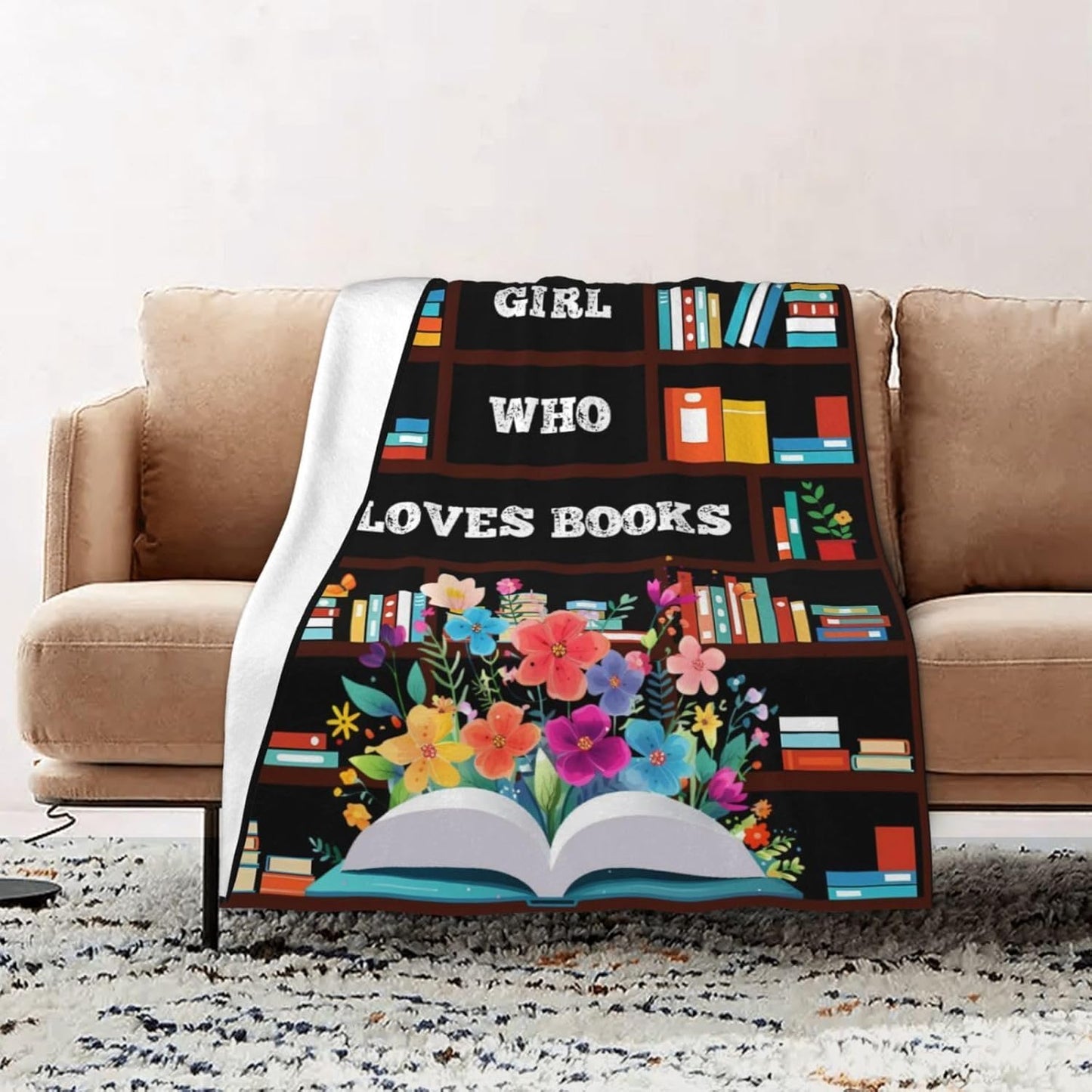 JOOCAR Just A Girl Who Loves Books Blanket Throw Reading Reader Blanket for Girls Flannel Throws Blankets for Book Lovers Graduation Gifts for Kids Women Sofa Bedding 50x60 in